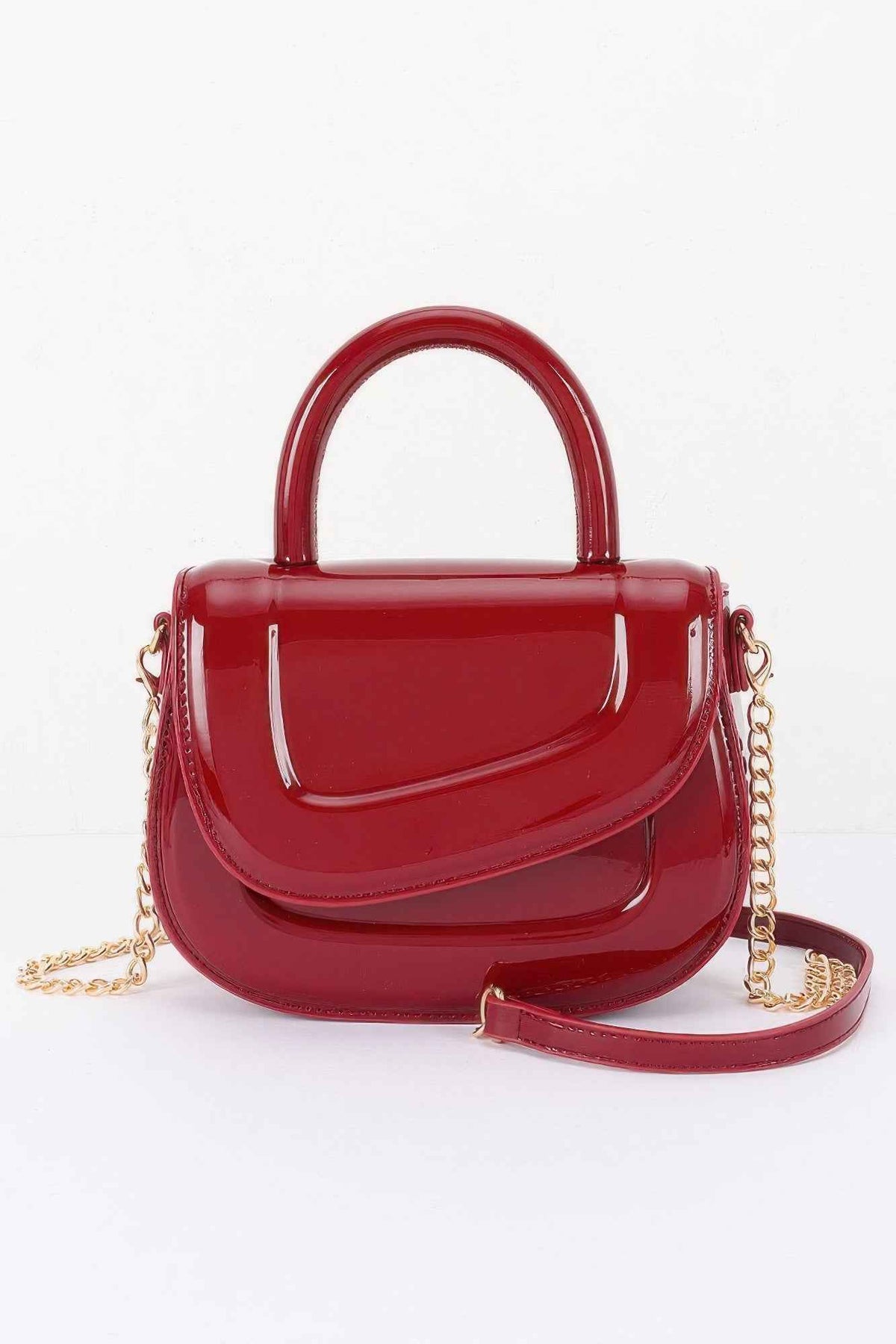 Patent Leather Mini Bag - Flap Closure & Chain Crossbody Strap