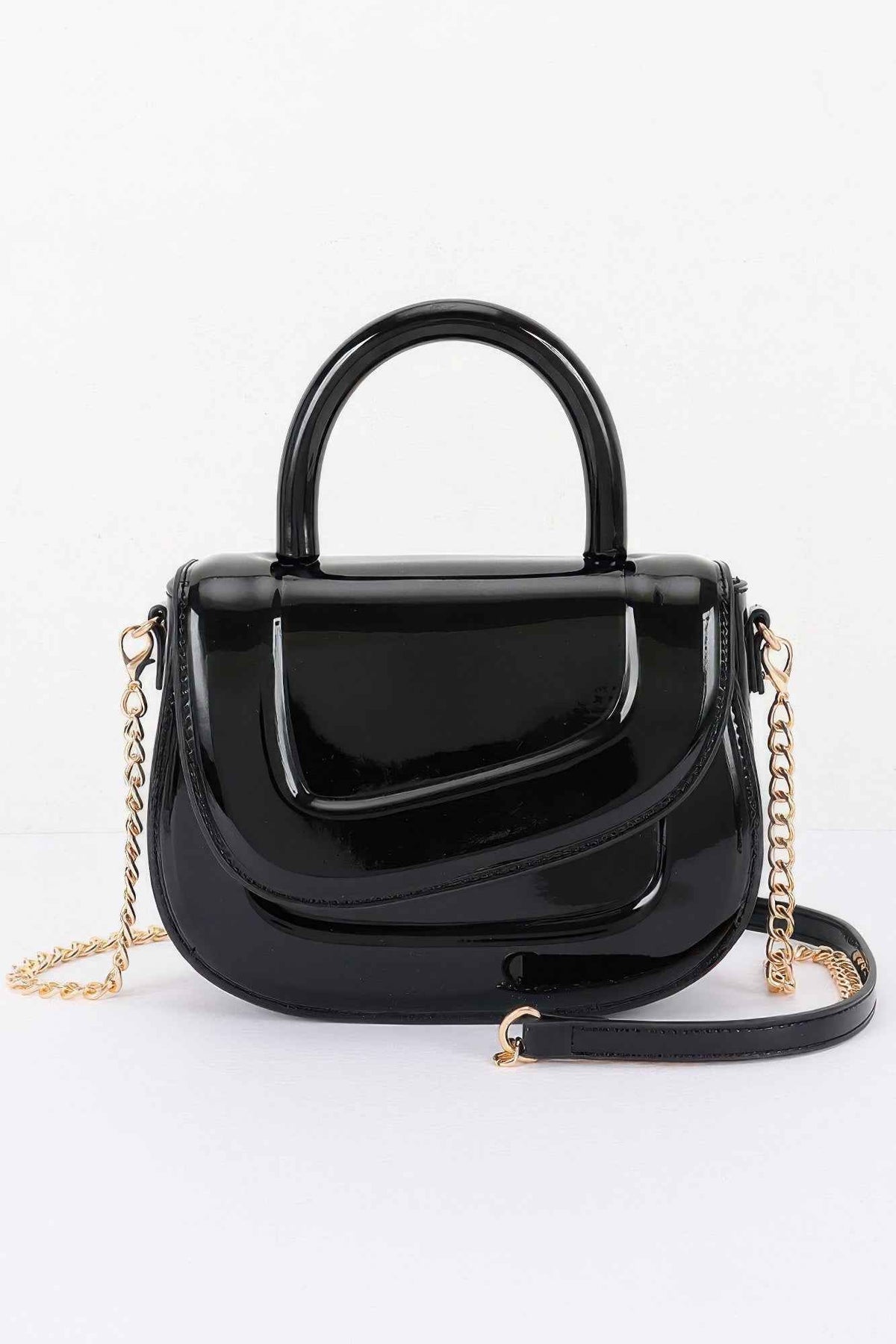 Patent Leather Mini Bag - Flap Closure & Chain Crossbody Strap