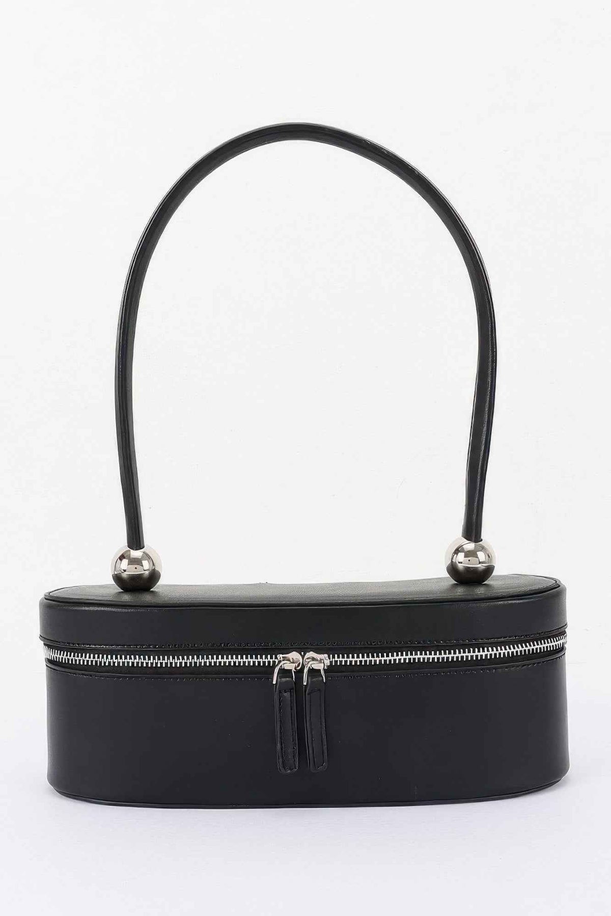 Structured Oval Vegan Leather Bag - Ball Hardware & Full-Zip