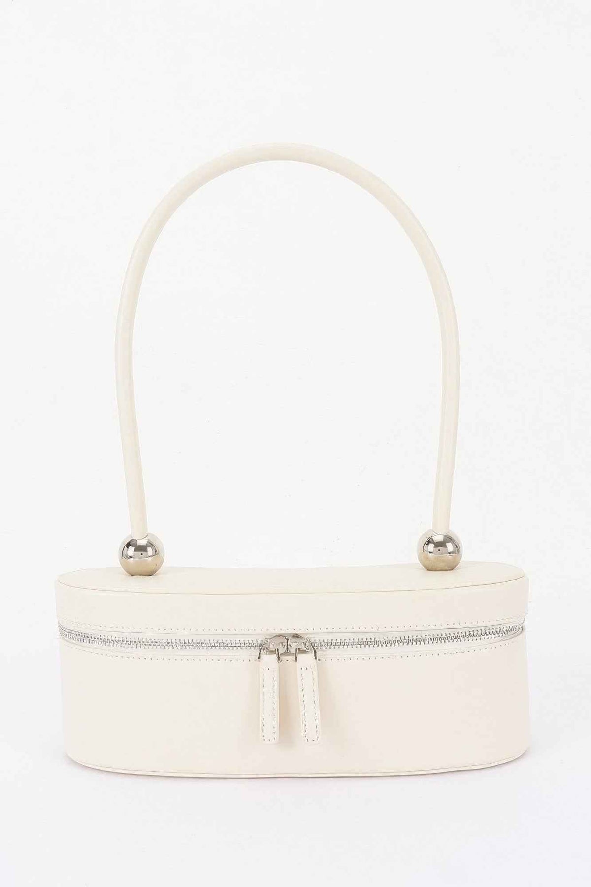 Structured Oval Vegan Leather Bag - Ball Hardware & Full-Zip