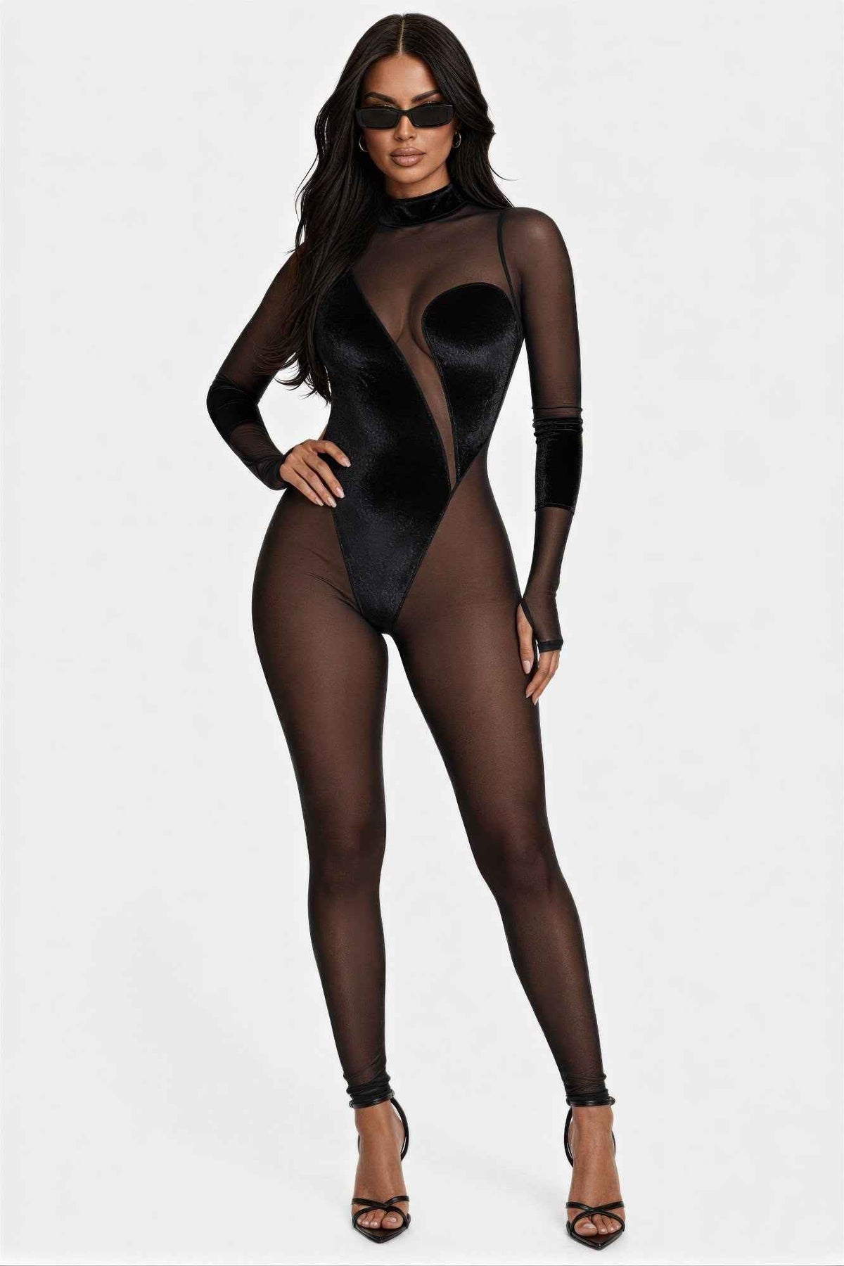 Sheer Mesh Catsuit Jumpsuit - Velvet Panel Mock Neck Bodysuit
