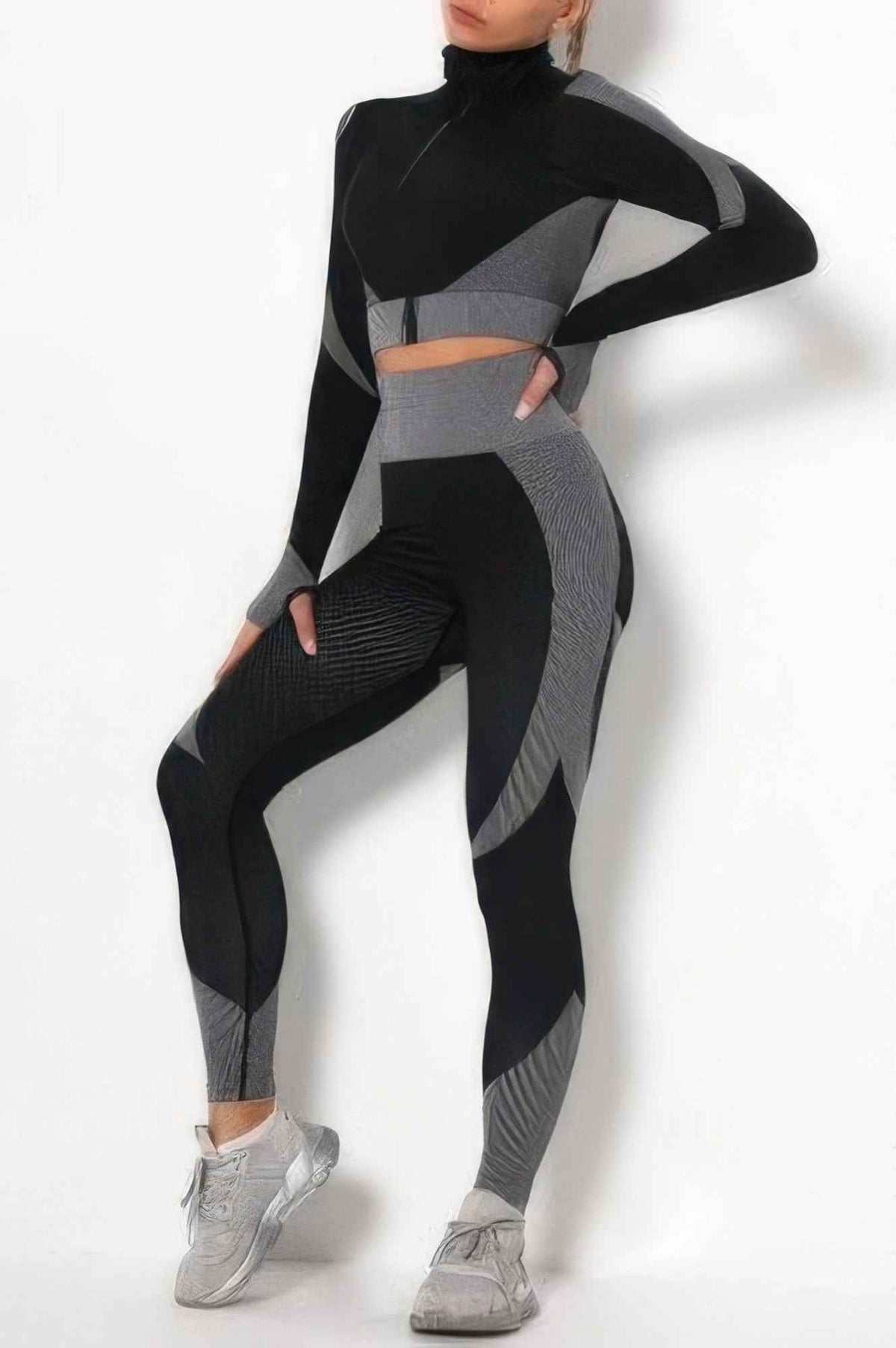 Seamless Color Block Activewear Set - Zip Jacket and Leggings