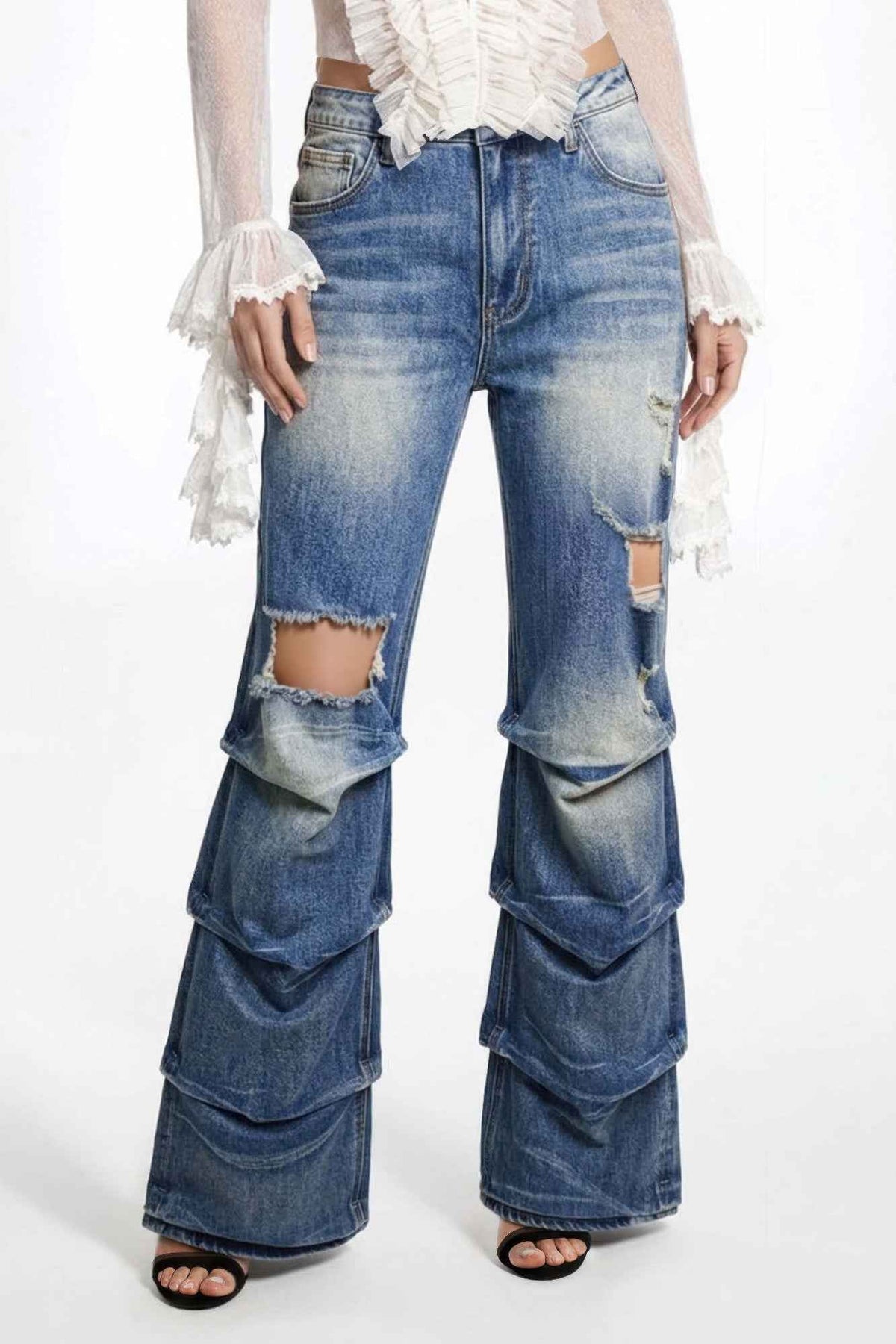 Stack Destroyed Flare Jeans - Layered Panel Denim
