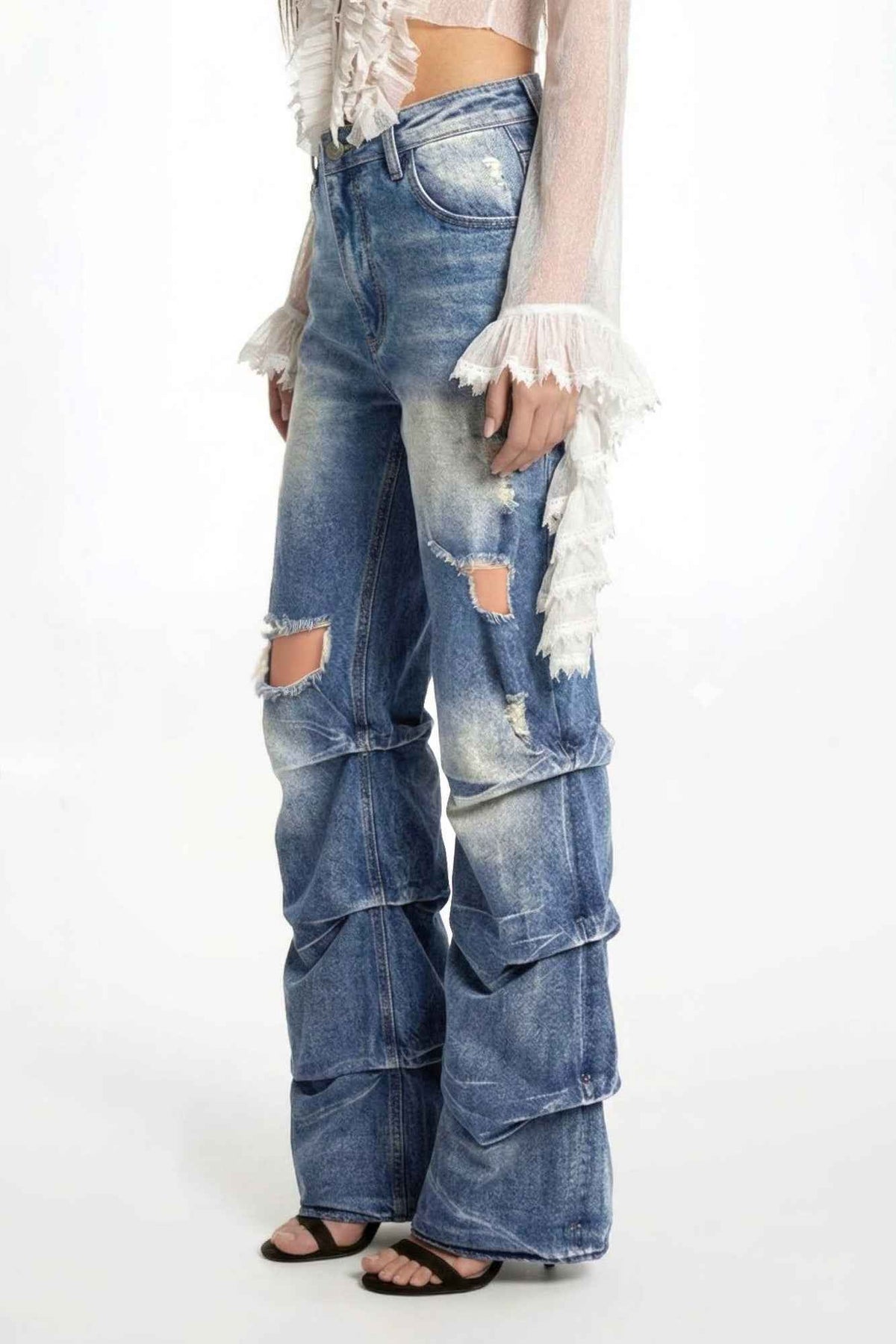 Stack Destroyed Flare Jeans - Layered Panel Denim