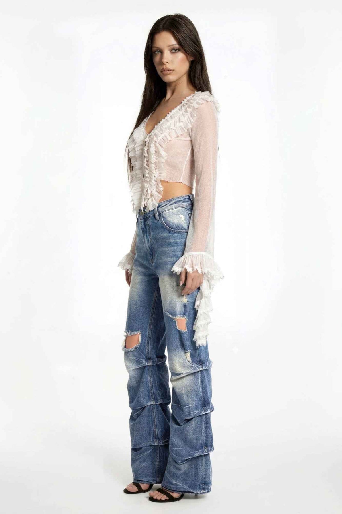 Stack Destroyed Flare Jeans - Layered Panel Denim