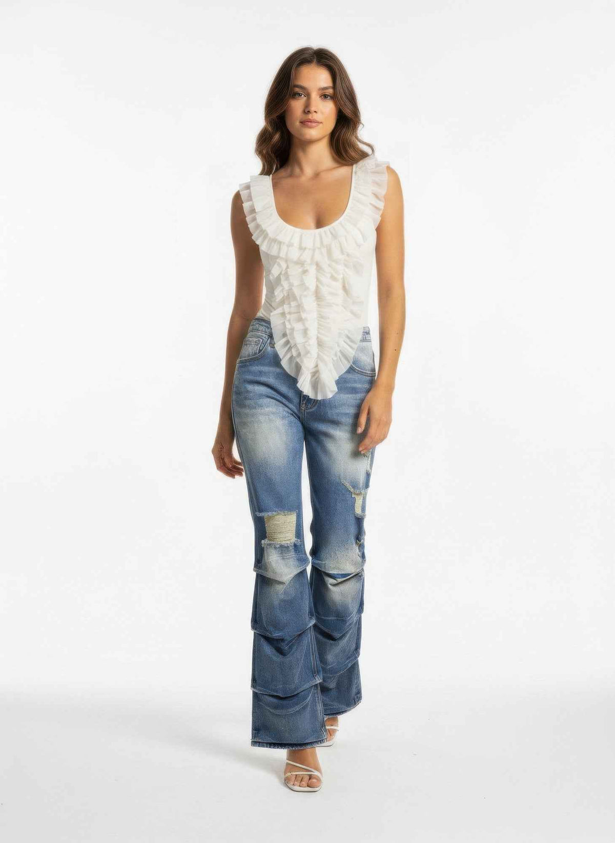 Stack Destroyed Flare Jeans - Layered Panel Denim