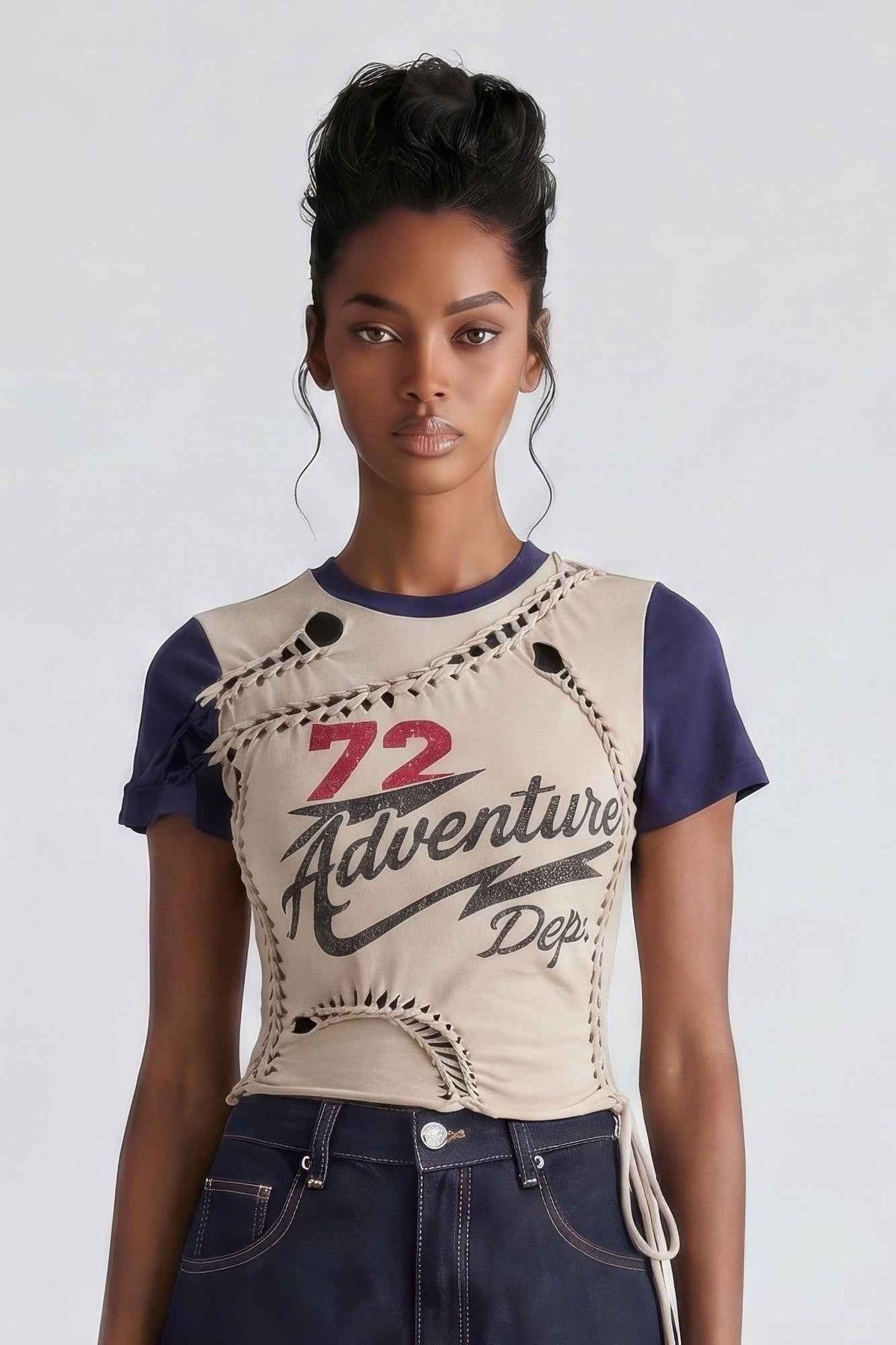 Beige Navy Varsity Graphic Tee - Lace-Up Side Raglan Crop