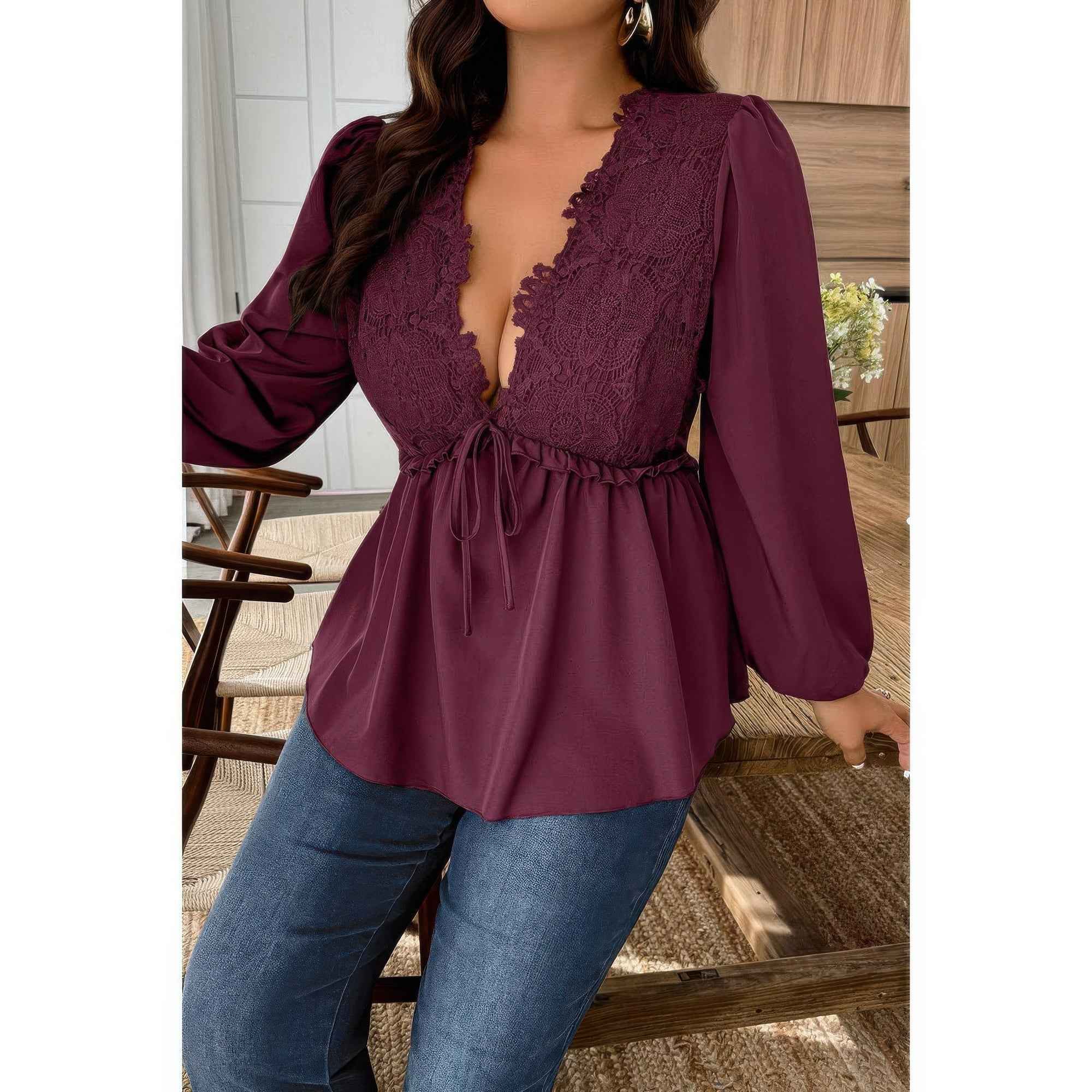 Plus Size Patchwork Blouse - Lace Solid V Neck