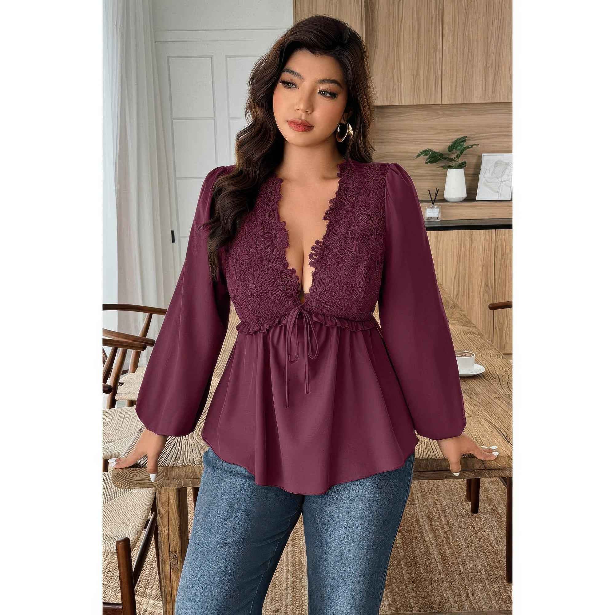 Plus Size Patchwork Blouse - Lace Solid V Neck