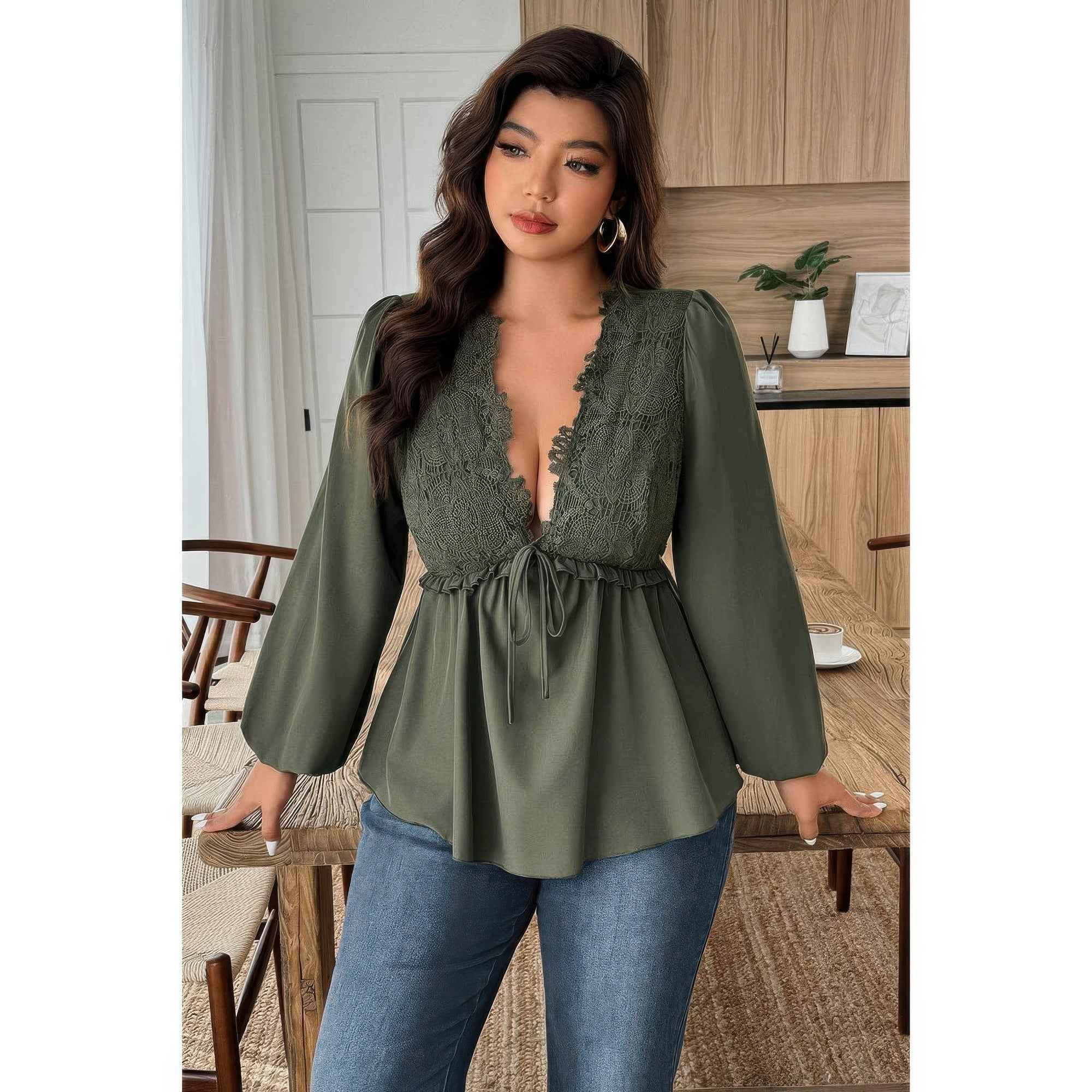 Plus Size Patchwork Blouse - Lace Solid V Neck