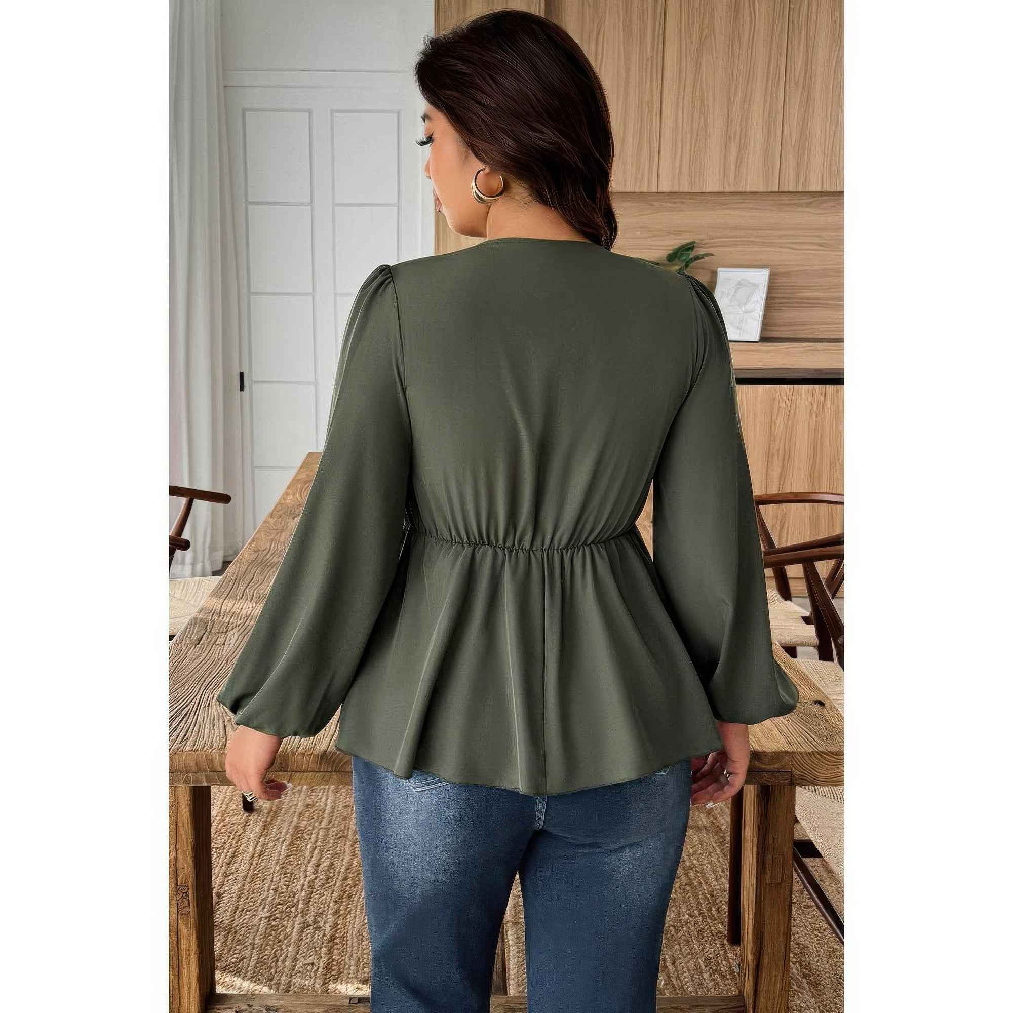 Plus Size Patchwork Blouse - Lace Solid V Neck