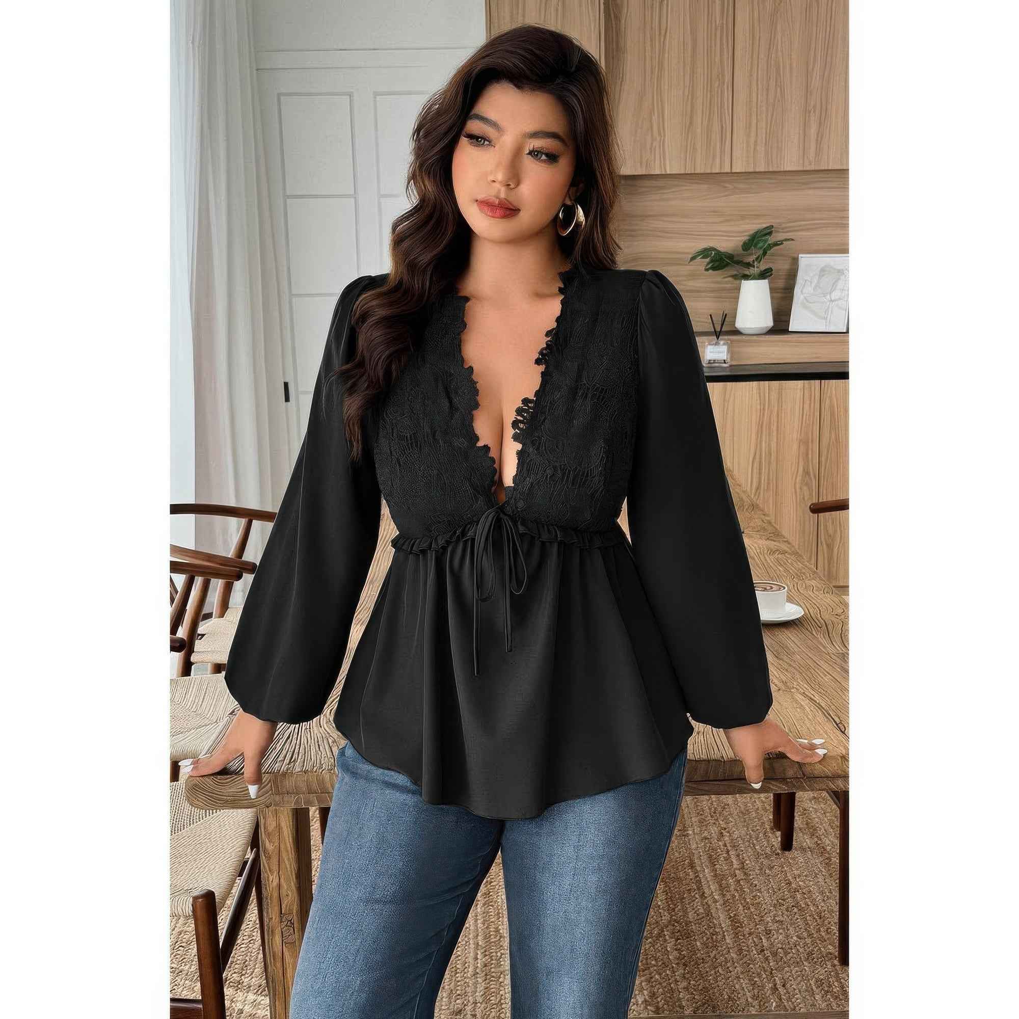 Plus Size Patchwork Blouse - Lace Solid V Neck