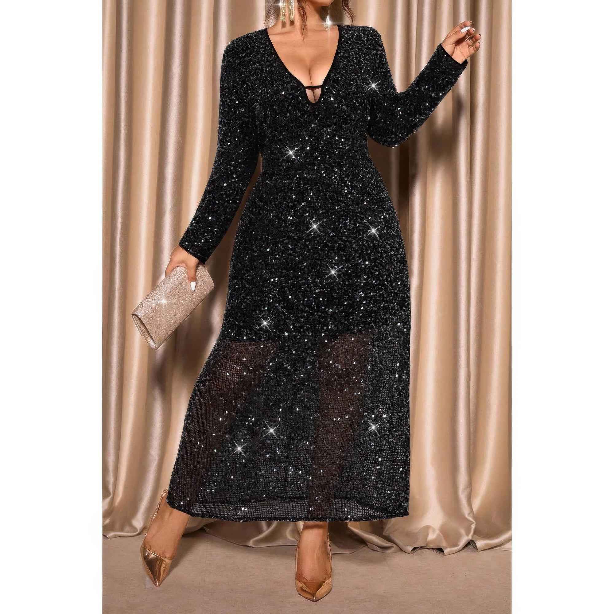 Plus Size Black Maxi Dress - V-Neck Long Sleeve Glitter