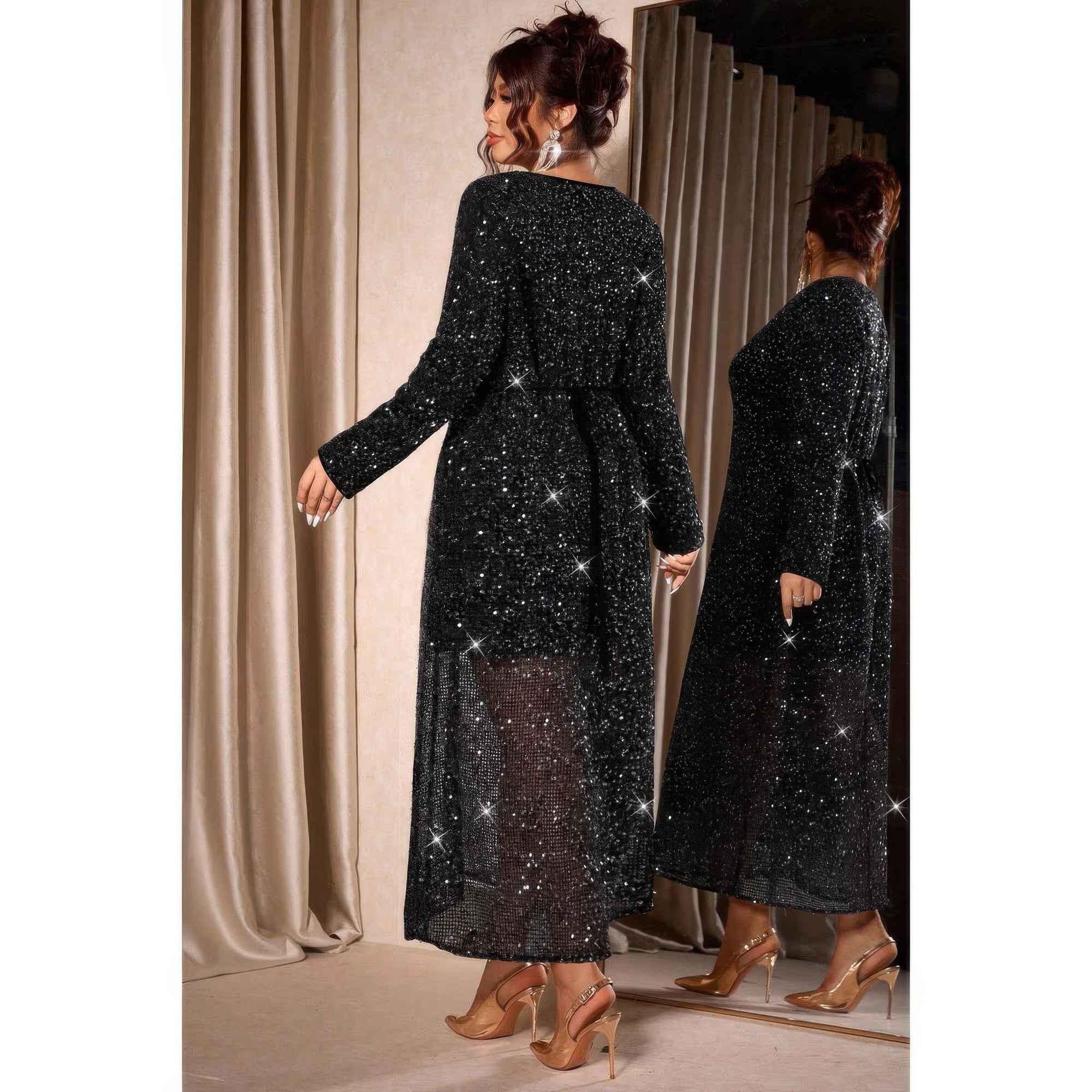 Plus Size Black Maxi Dress - V-Neck Long Sleeve Glitter