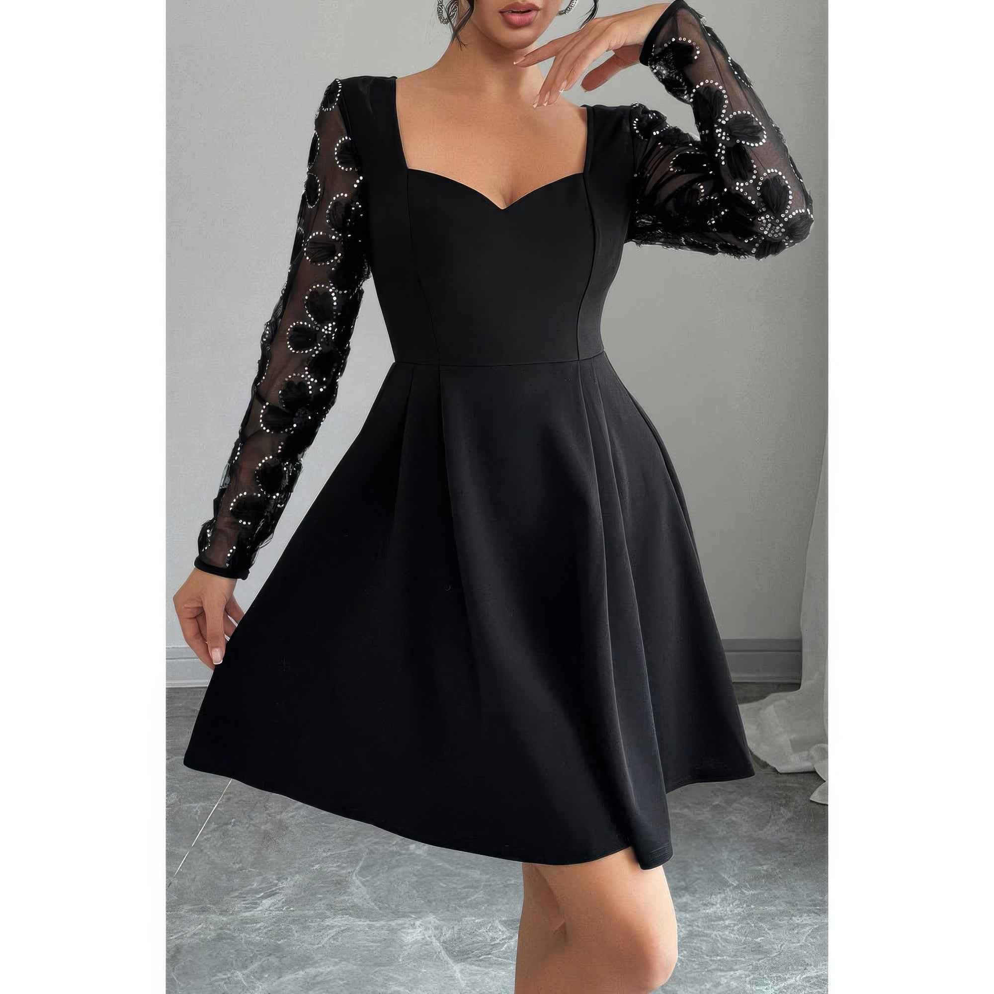 Plus Size Black Mini Dress - Elegant Lace Panels Sequins