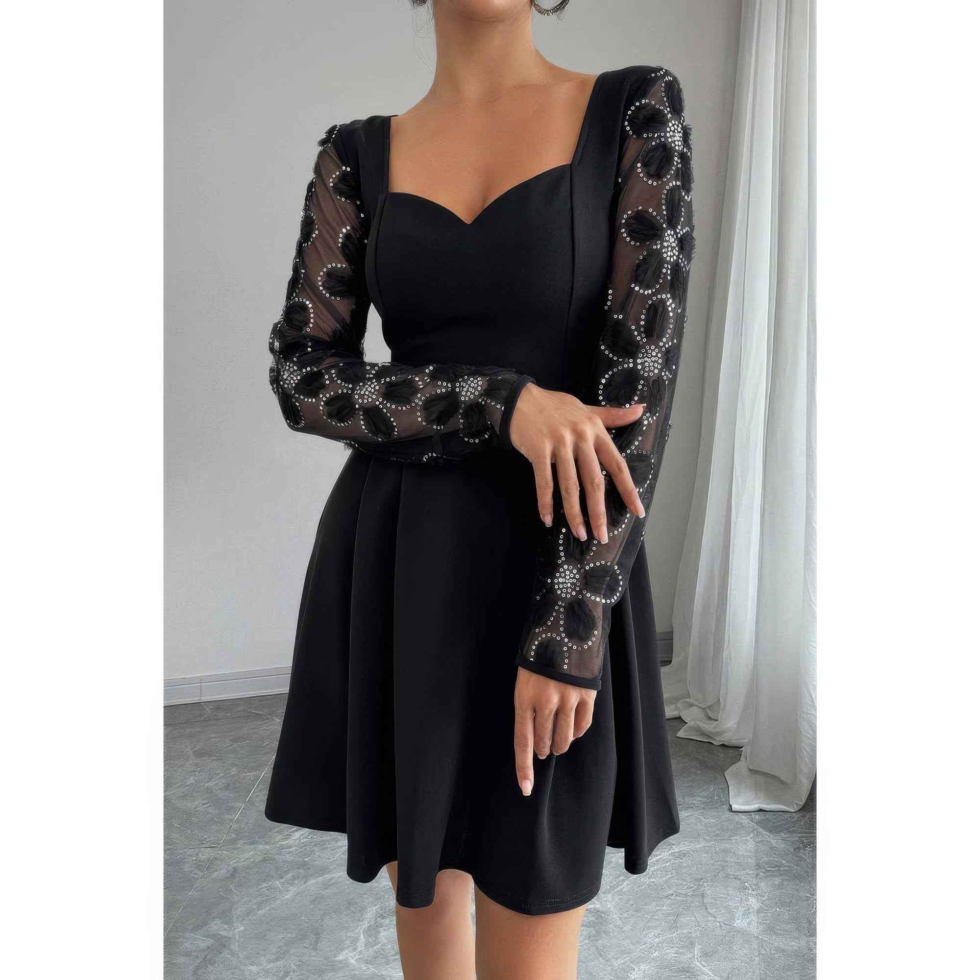 Plus Size Black Mini Dress - Elegant Lace Panels Sequins