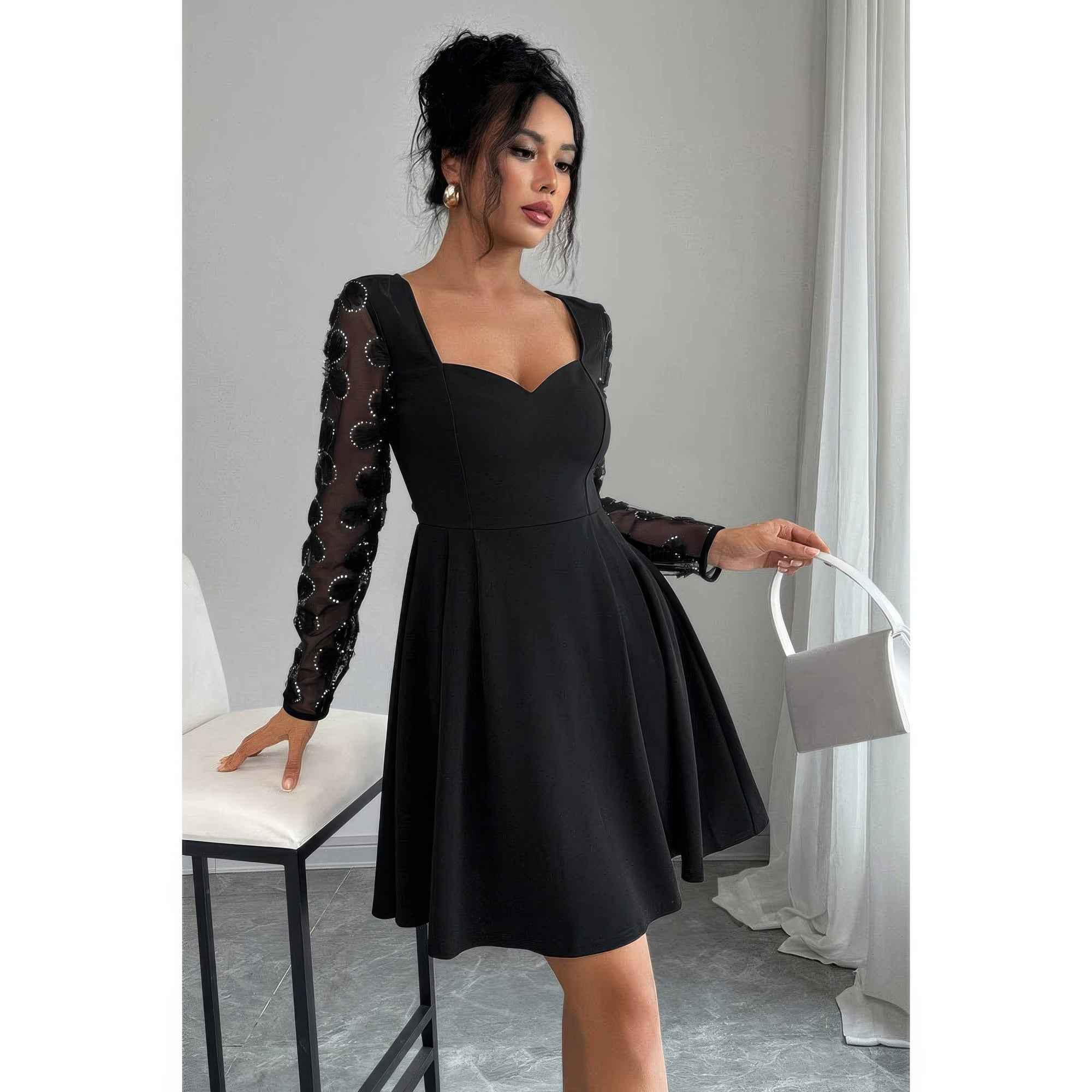 Plus Size Black Mini Dress - Elegant Lace Panels Sequins