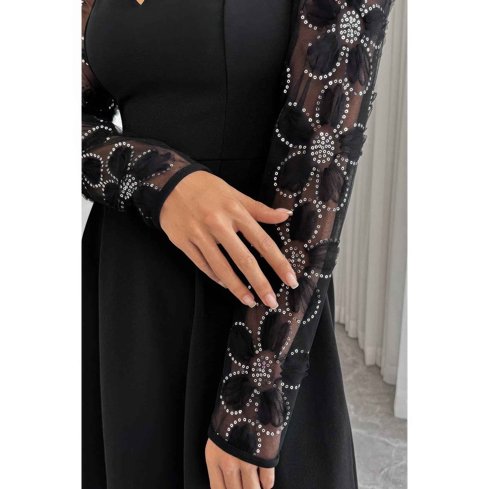Plus Size Black Mini Dress - Elegant Lace Panels Sequins