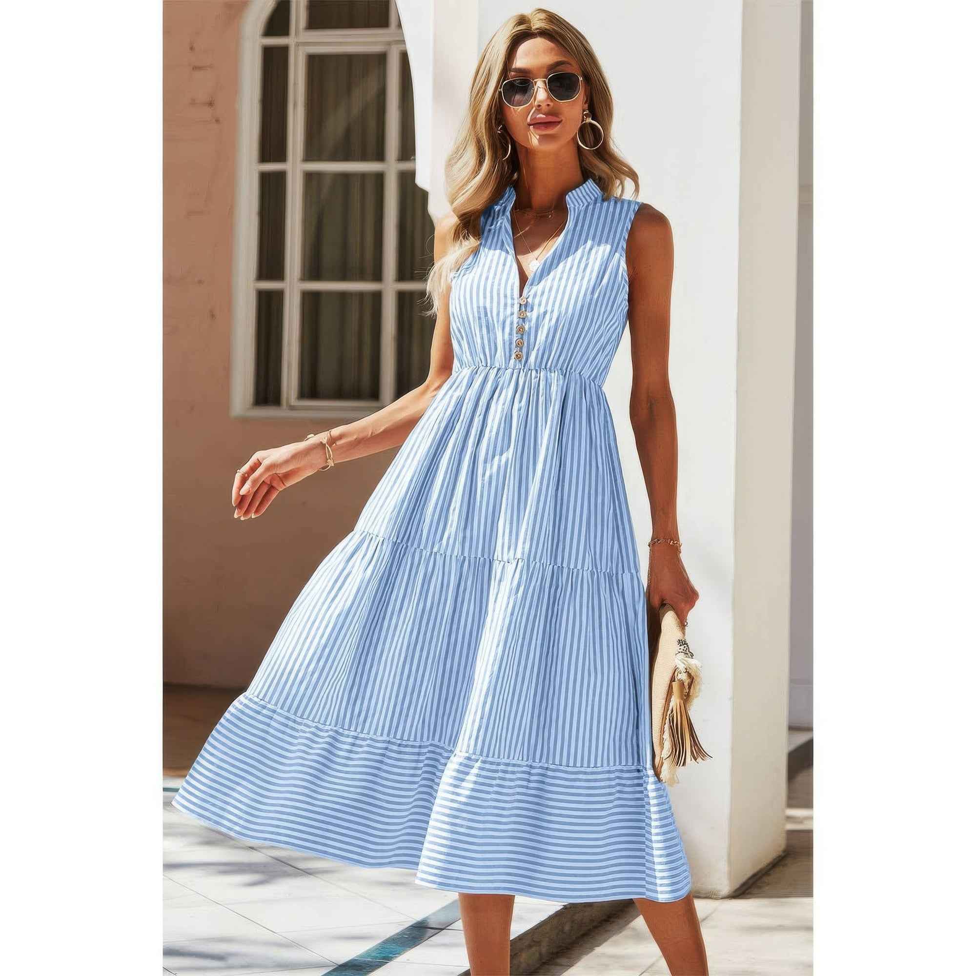Light Blue Sleeveless Midi Dress - Mock Collar V-Neck