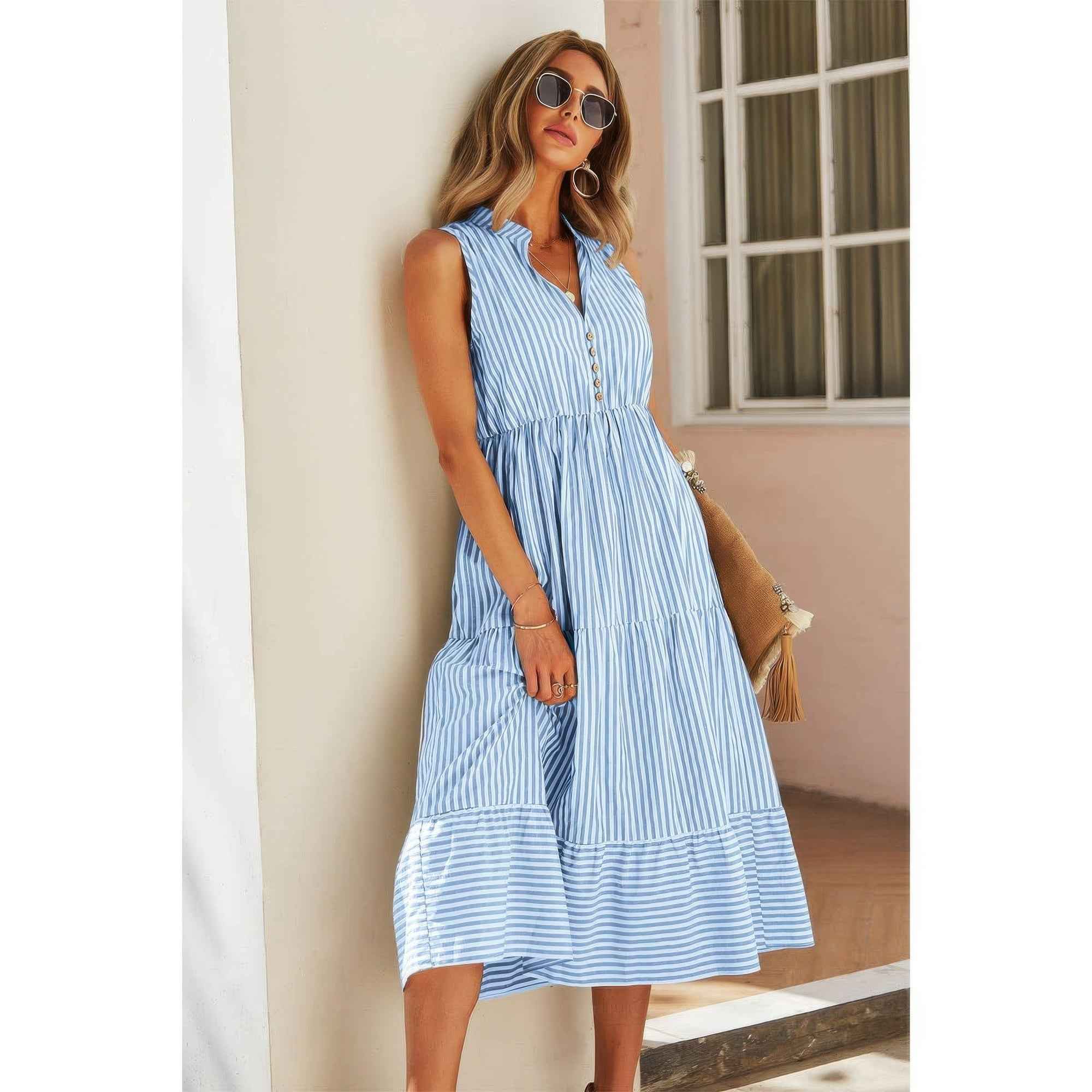 Light Blue Sleeveless Midi Dress - Mock Collar V-Neck