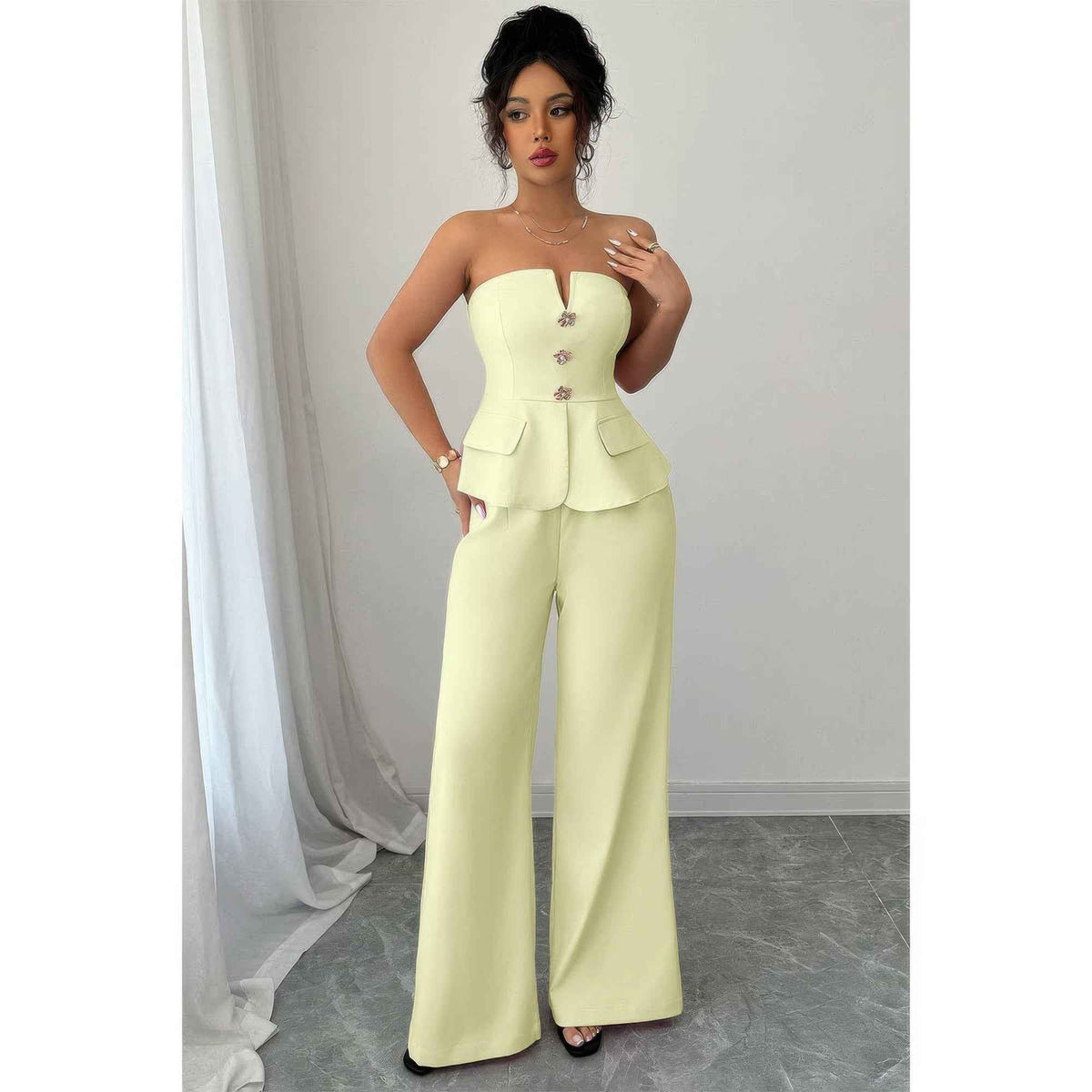 Wide Leg Outfit Set - Waist Cinched Off Shoulder