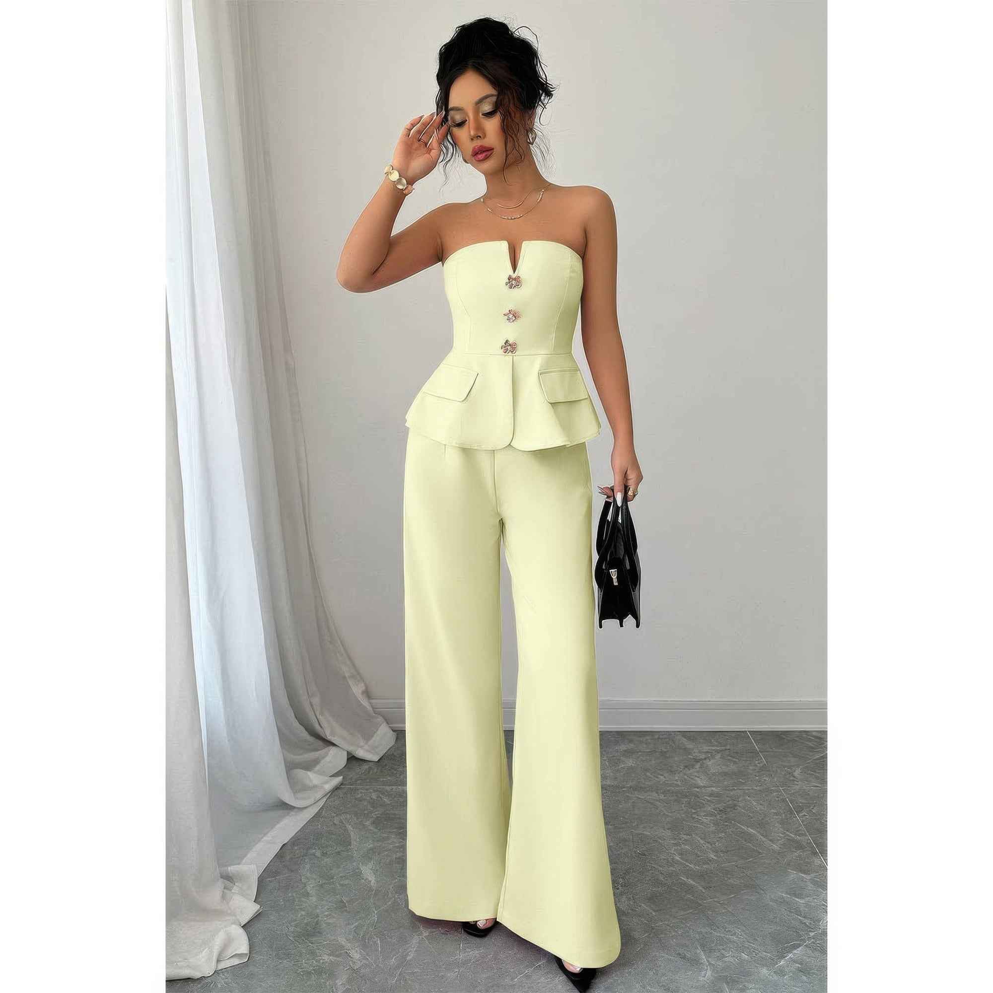 Wide Leg Outfit Set - Waist Cinched Off Shoulder