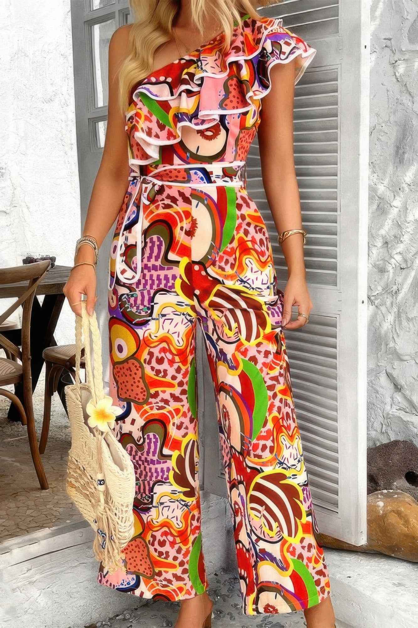 Allover Print One Shoulder Jumpsuit - Ruffle Belt Outfit