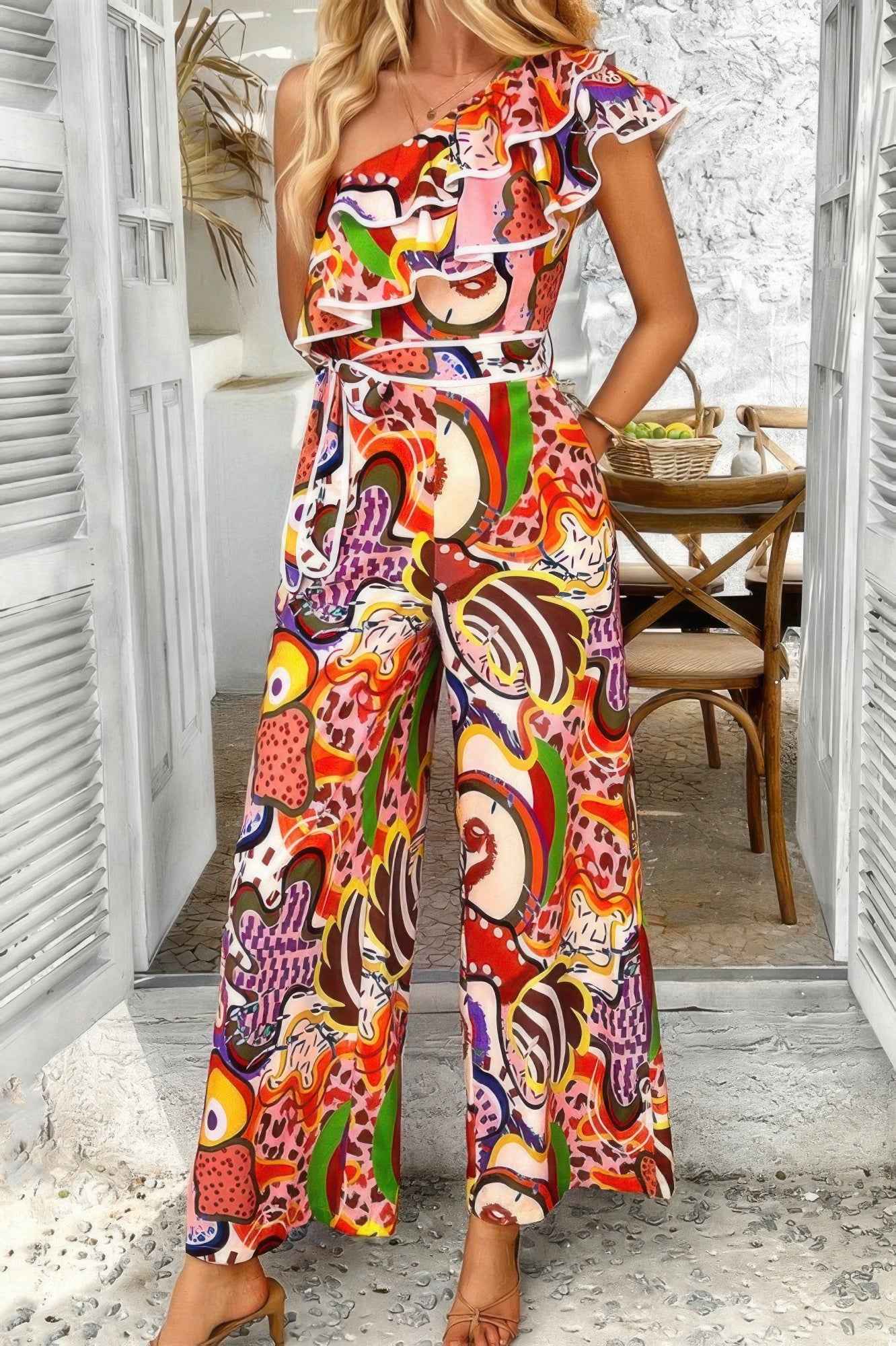 Allover Print One Shoulder Jumpsuit - Ruffle Belt Outfit