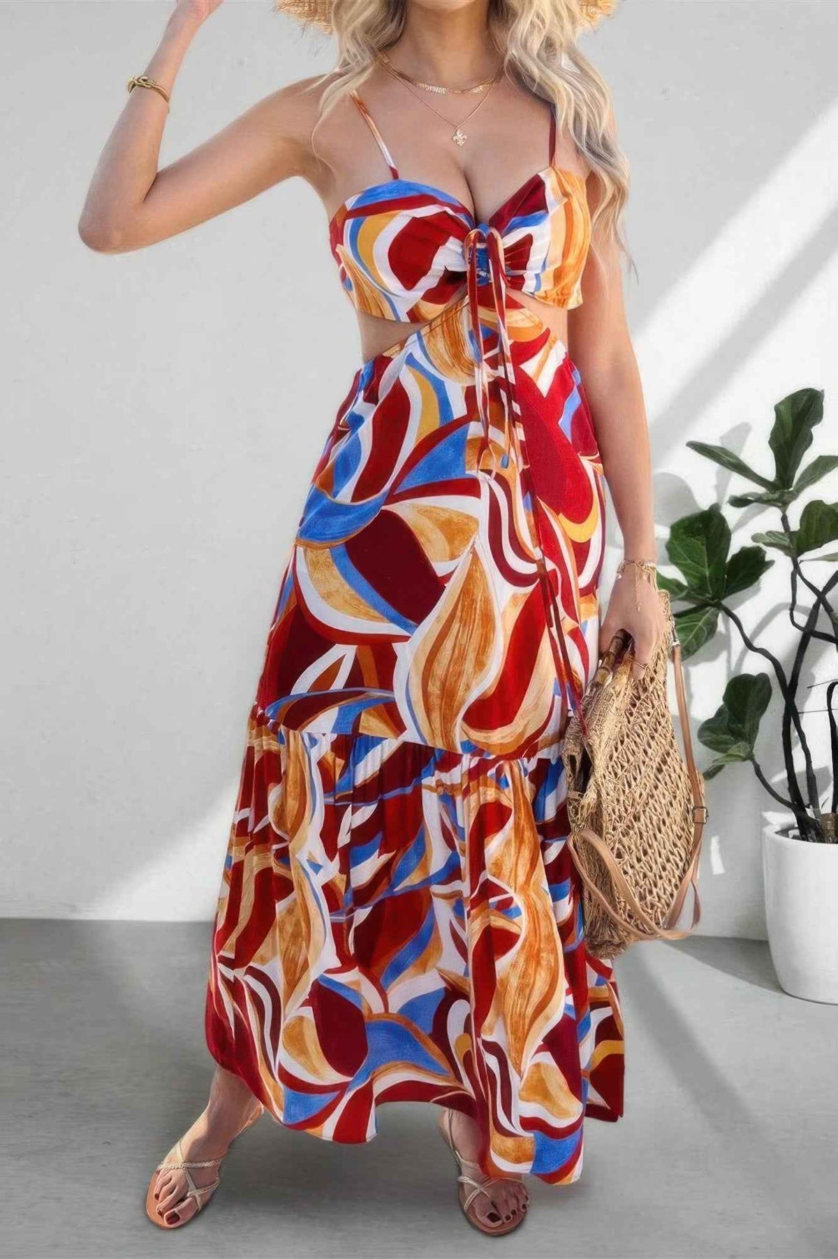 Abstract Print Tie Front Cut Out Maxi Dress - Tiered Ruffle Hem