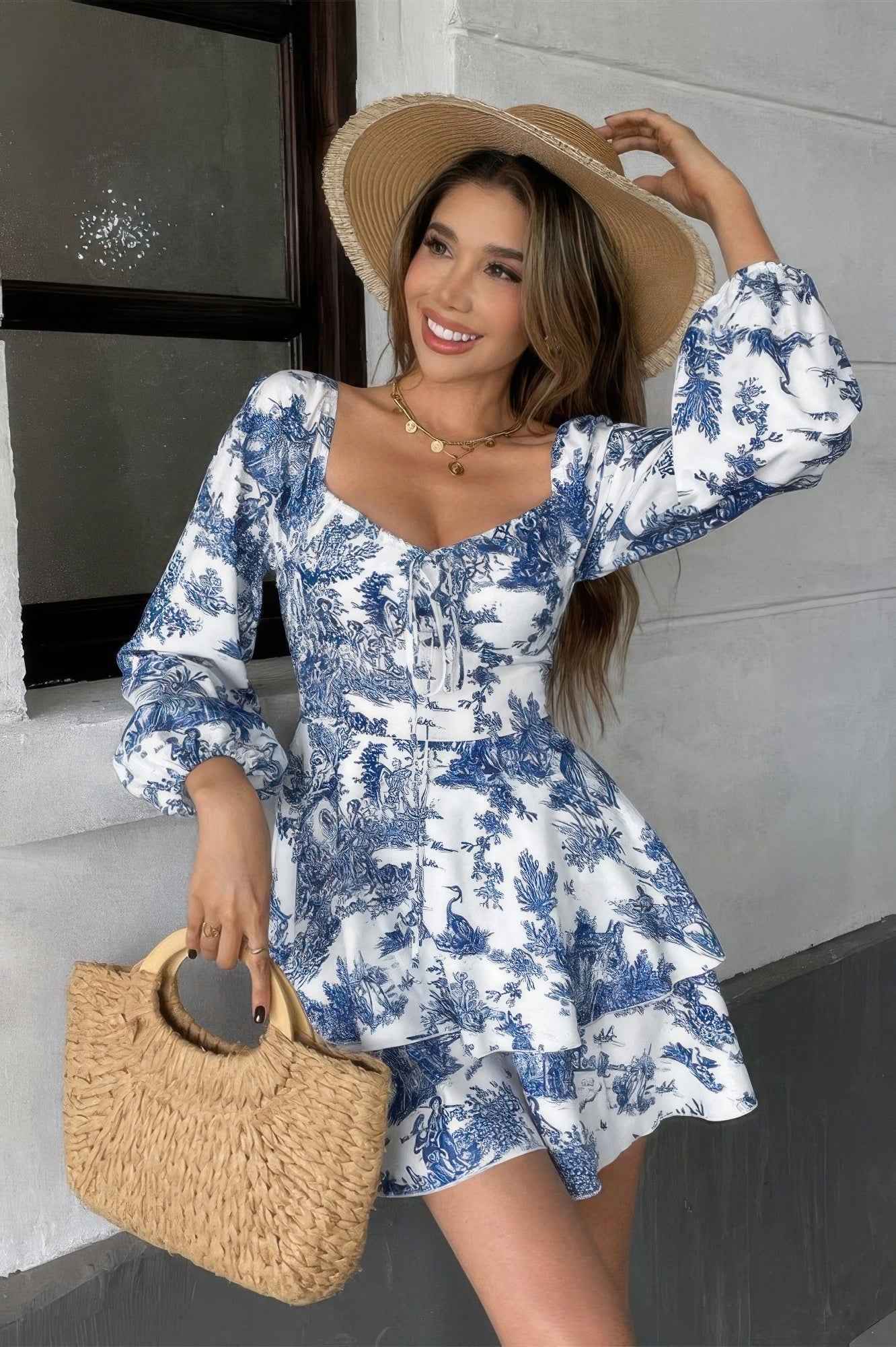 Elegant Print Ruffle Open Back Romper