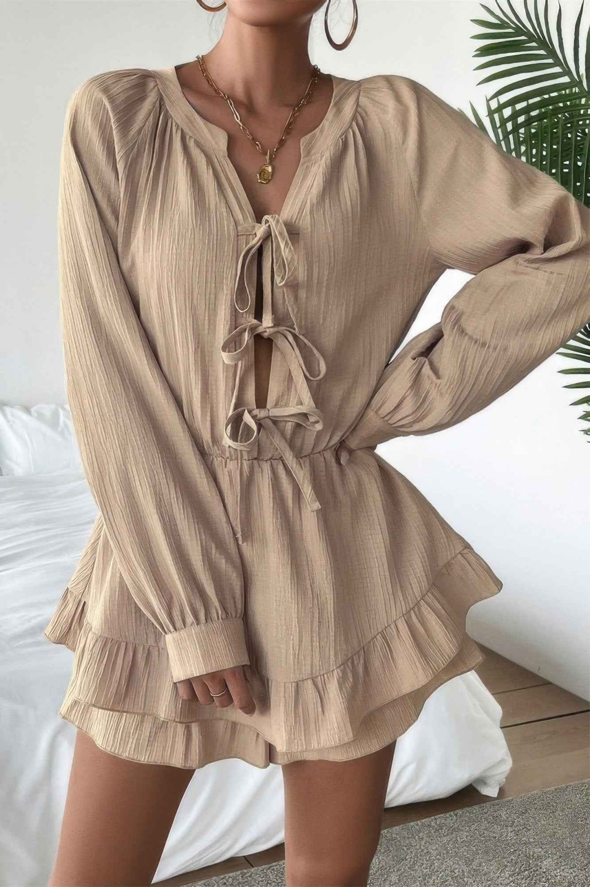Lace-Up Tie Front Long Sleeve Mini Dress - Layered Ruffle Hem