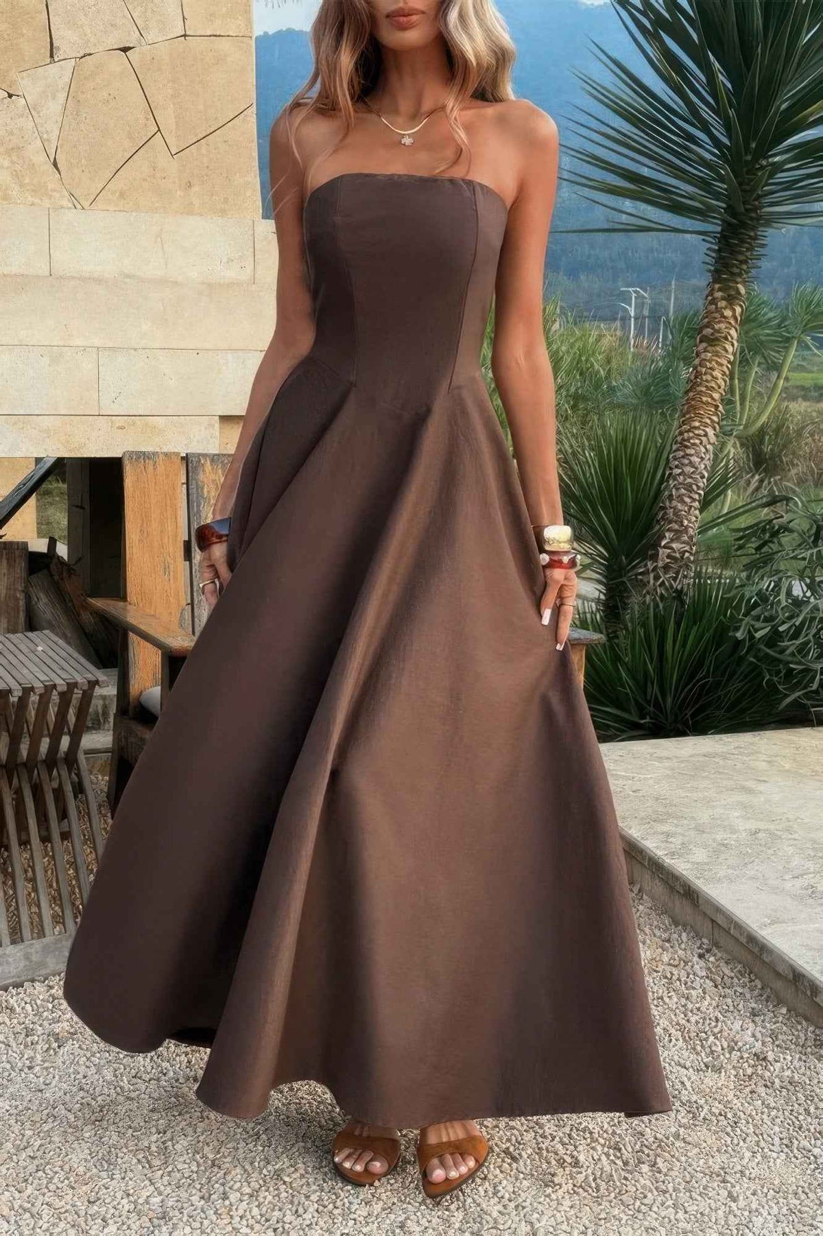Strapless Fitted Bodice Maxi Dress - A-Line Full Skirt