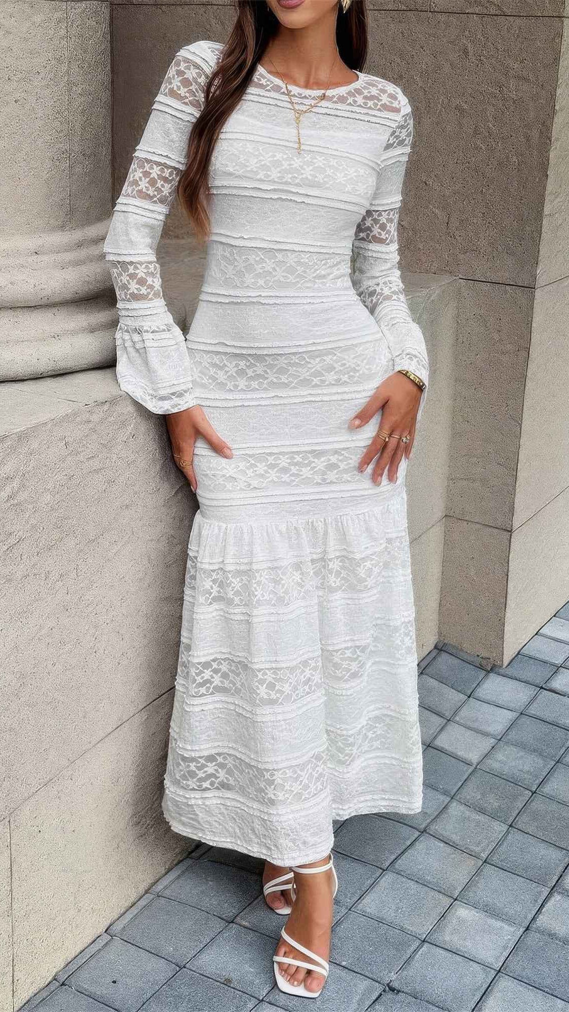 Lace Mermaid Round Neck Solid Maxi Dress