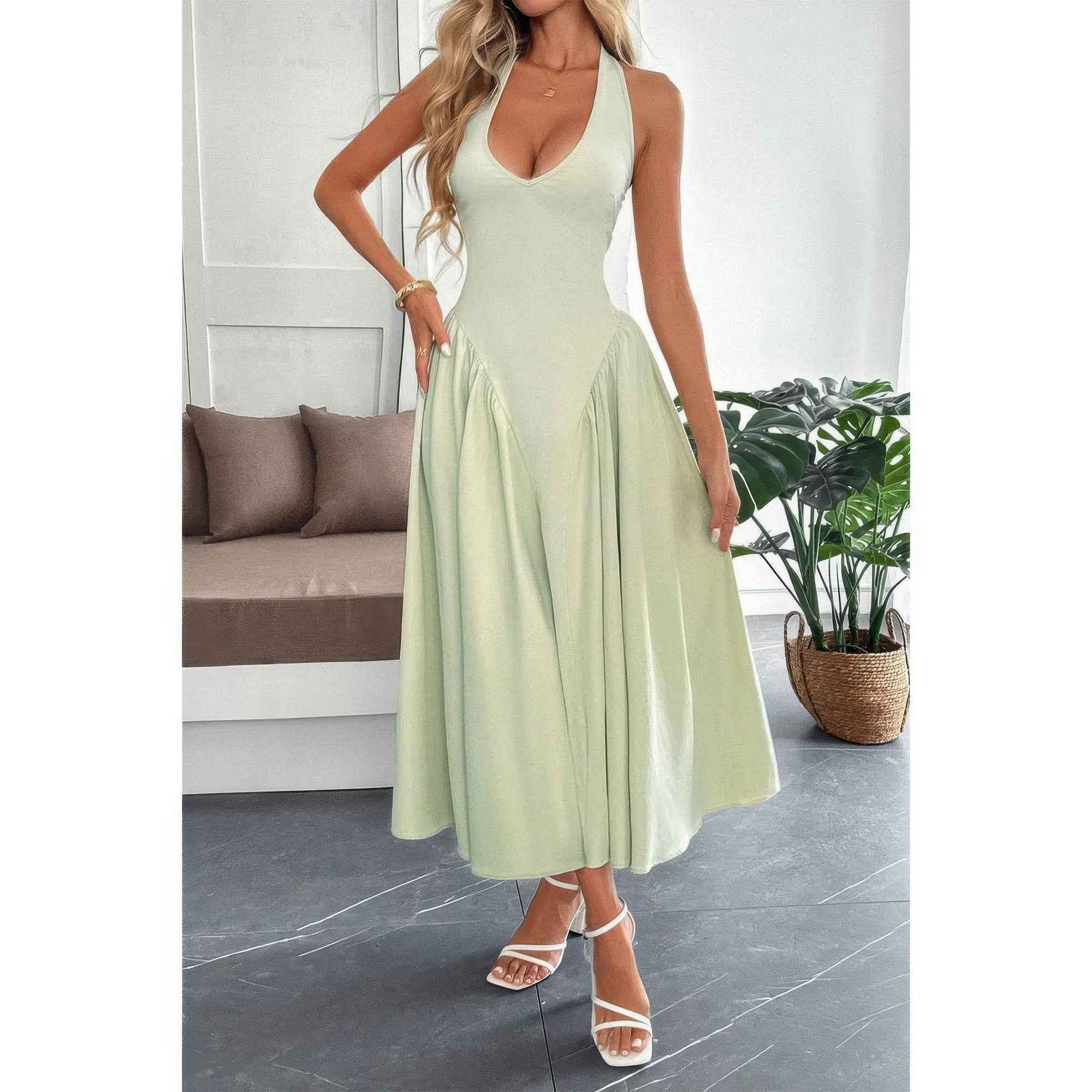 Solid Color Halter Midi Sundress - Hide Back Zipper