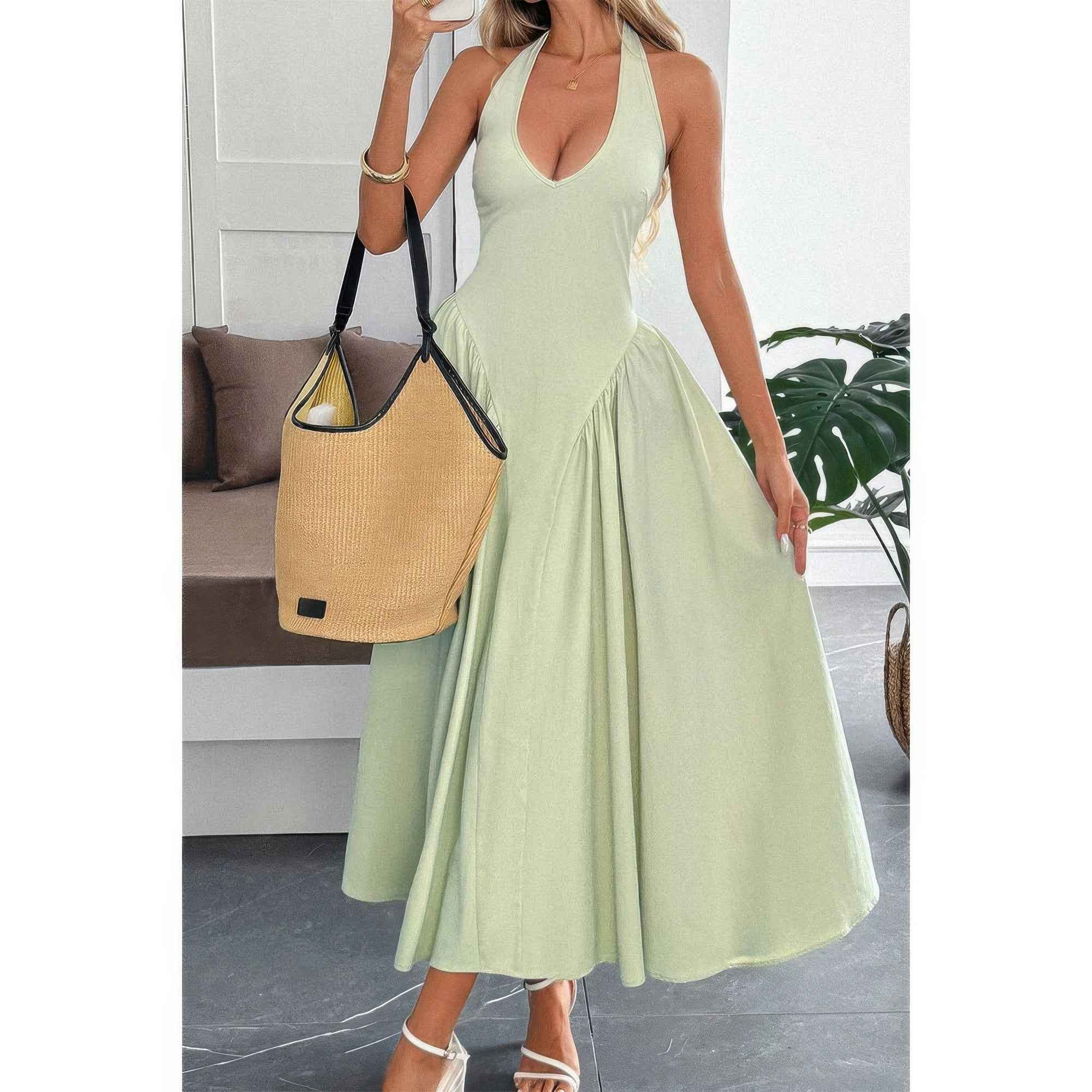 Solid Color Halter Midi Sundress - Hide Back Zipper
