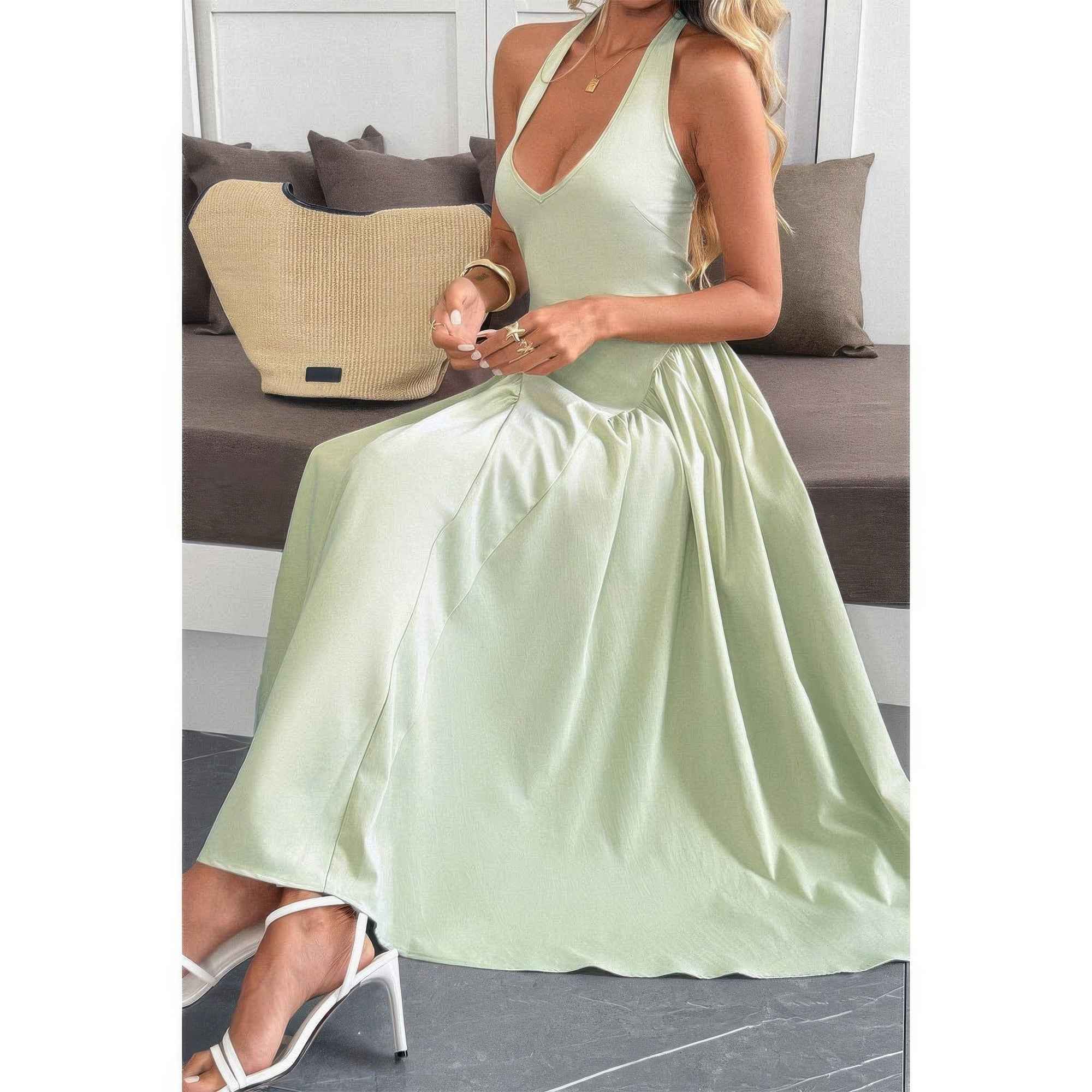 Solid Color Halter Midi Sundress - Hide Back Zipper