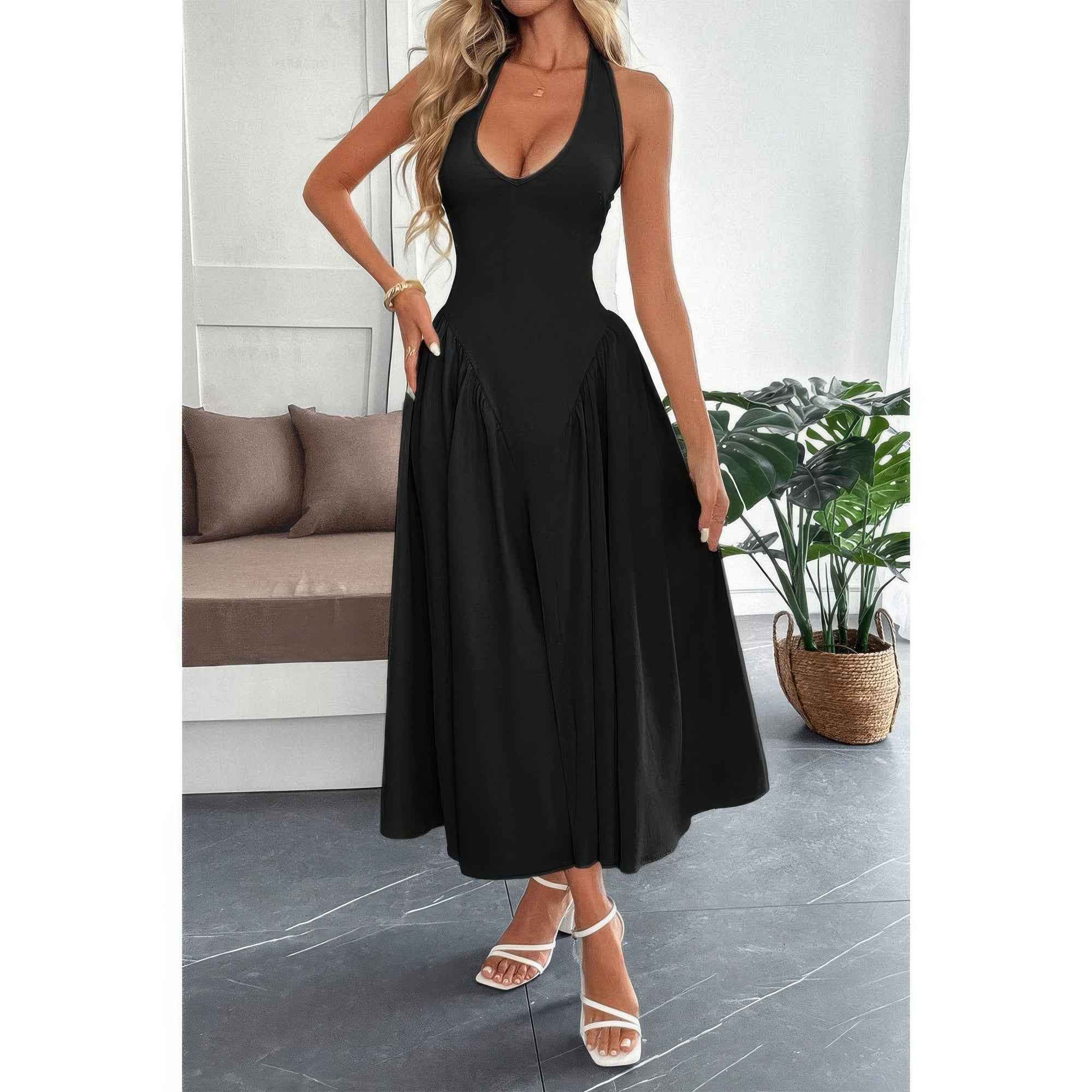 Solid Color Halter Midi Sundress - Hide Back Zipper