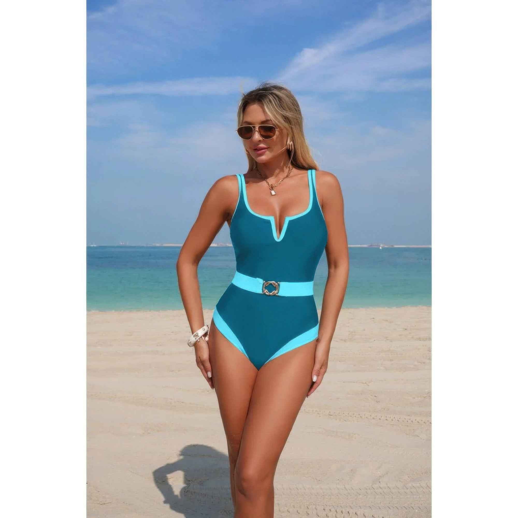One Piece Color Block Swimsuit - Metal Buckle Belt