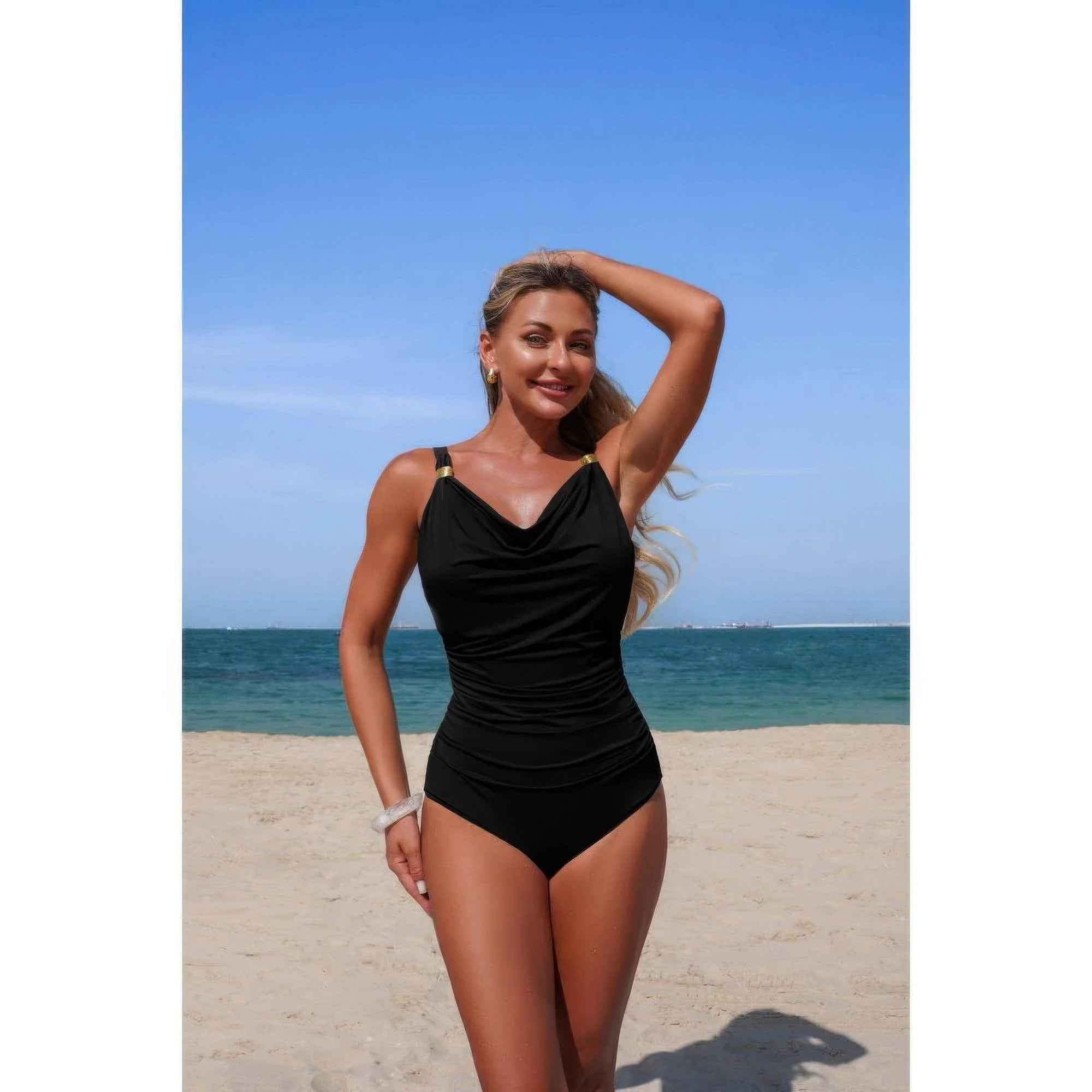 One Piece Tummy Control Swimsuit - V Neck Ruched Detail