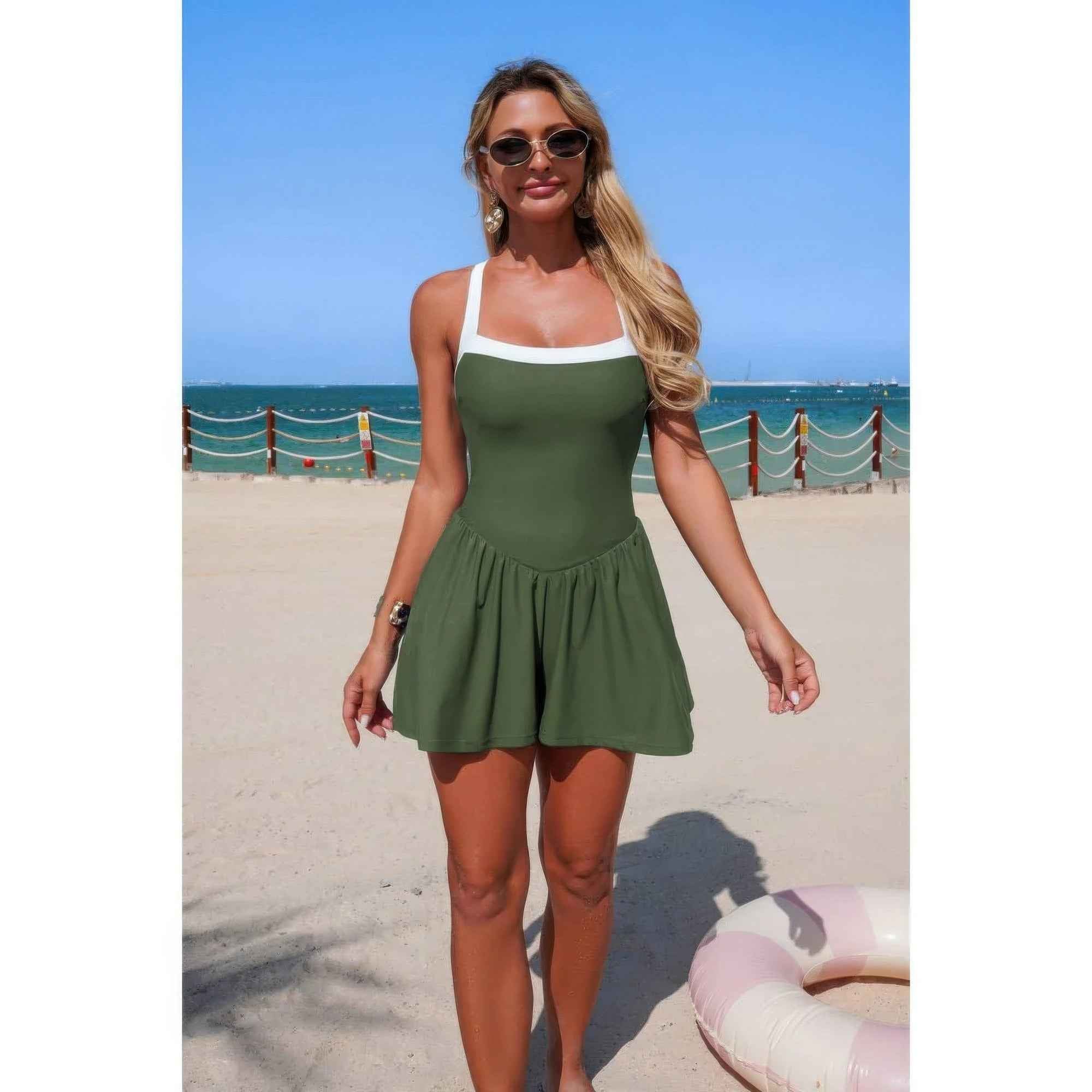 One Piece Skirt Swimsuit - Cross Strappy Back