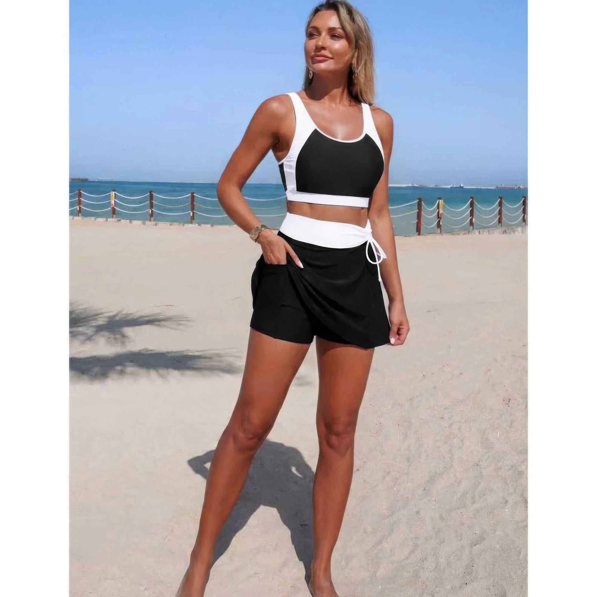 High Waist Tie Up Bikini - Two Piece Color Block