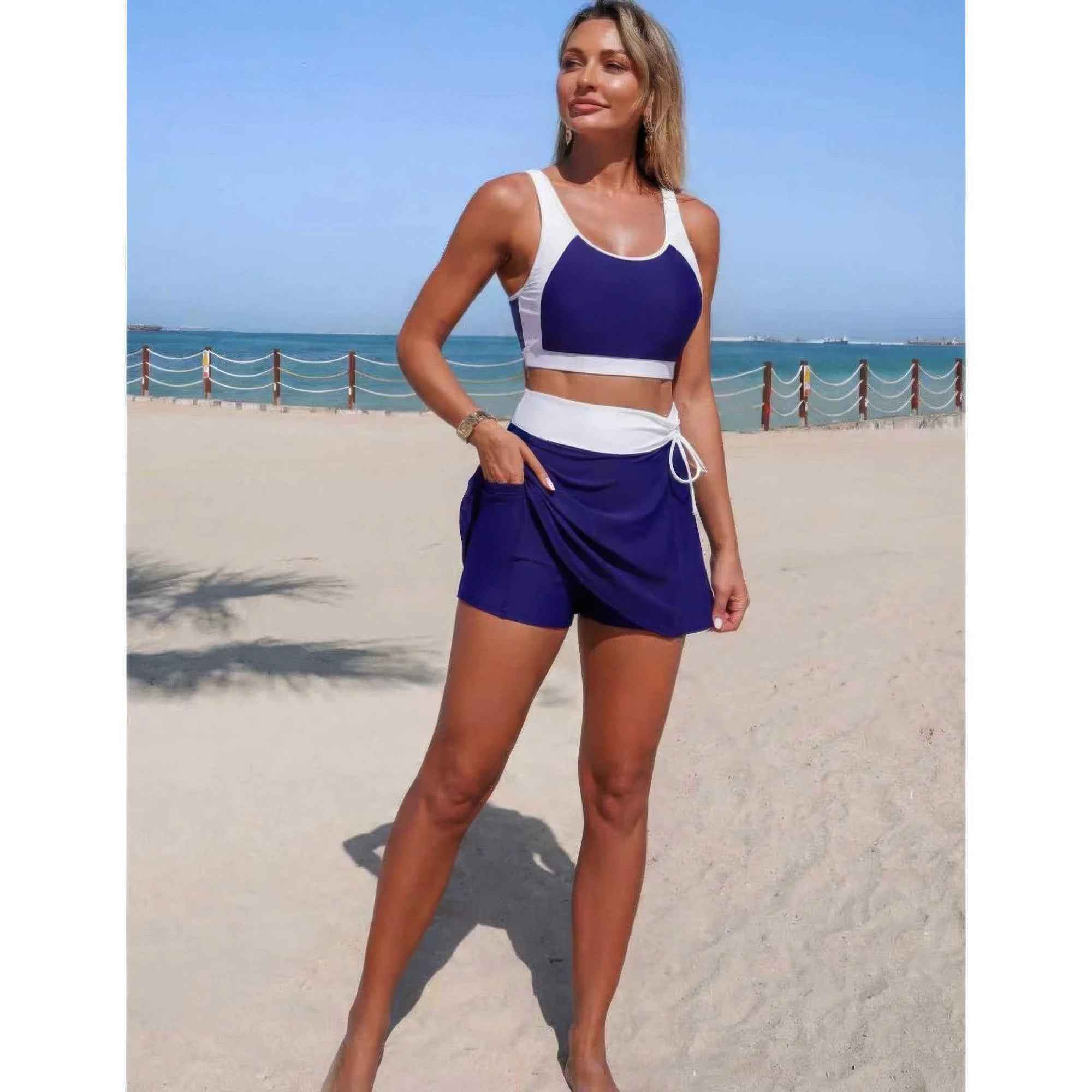 High Waist Tie Up Bikini - Two Piece Color Block