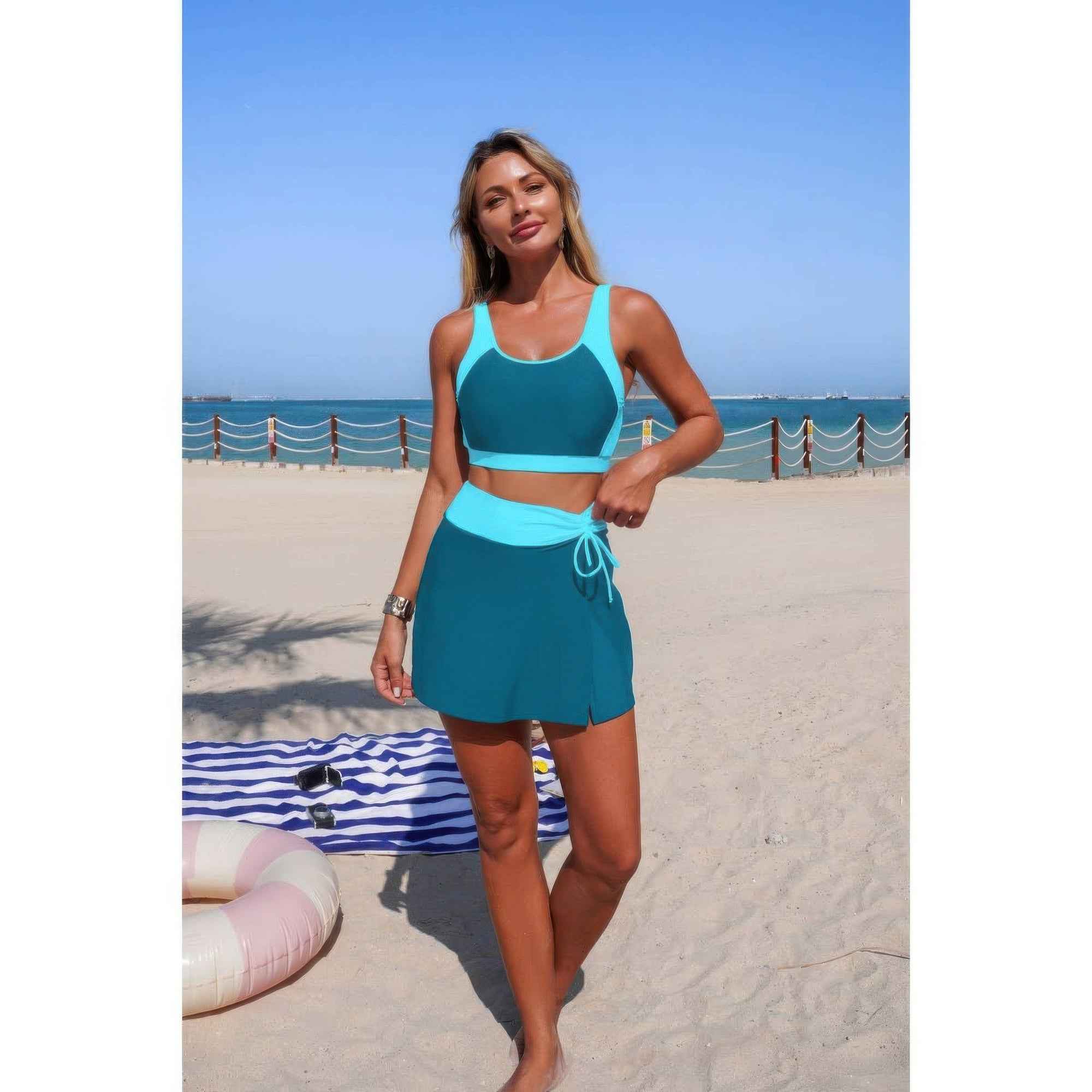 High Waist Tie Up Bikini - Two Piece Color Block