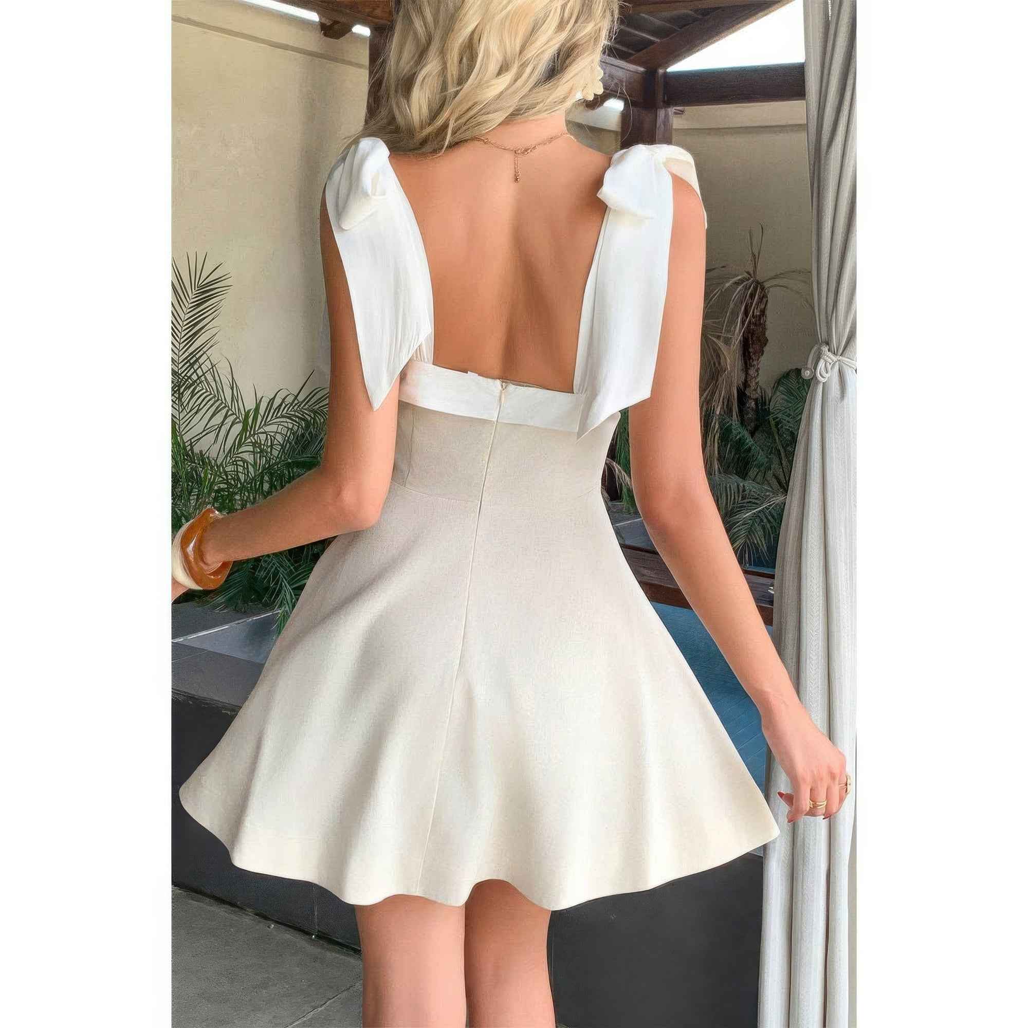 Square Neck Hide Zipper Tie Shoulder Dress