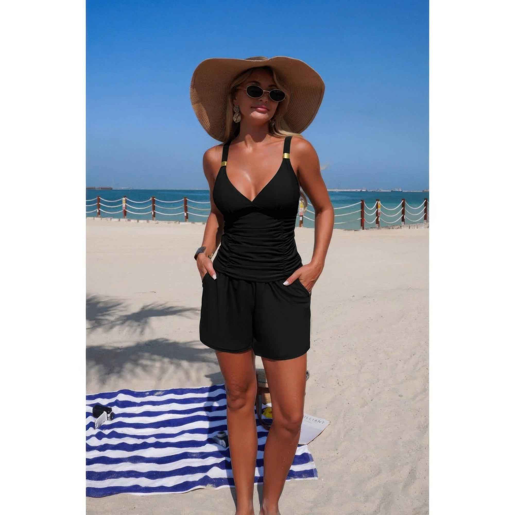Two Piece Solid Ruched V Neck Pockets Bikini