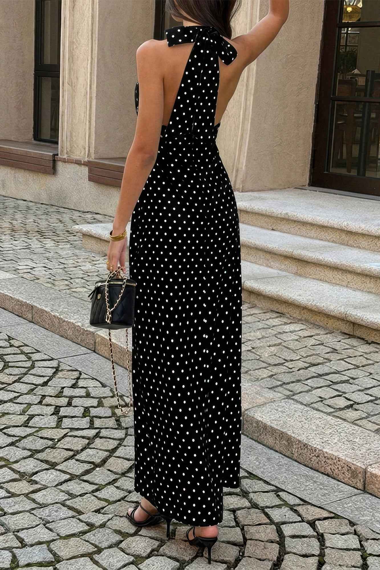 Polka Dot Sleeveless Maxi Dress - Bow-tie Halter Neck