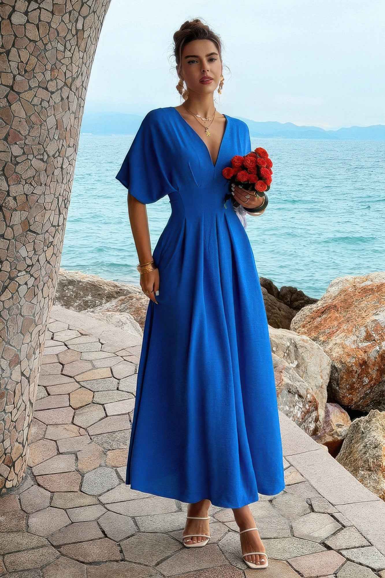Blue Deep V-Neck Batwing Sleeve Pleated Maxi Dress