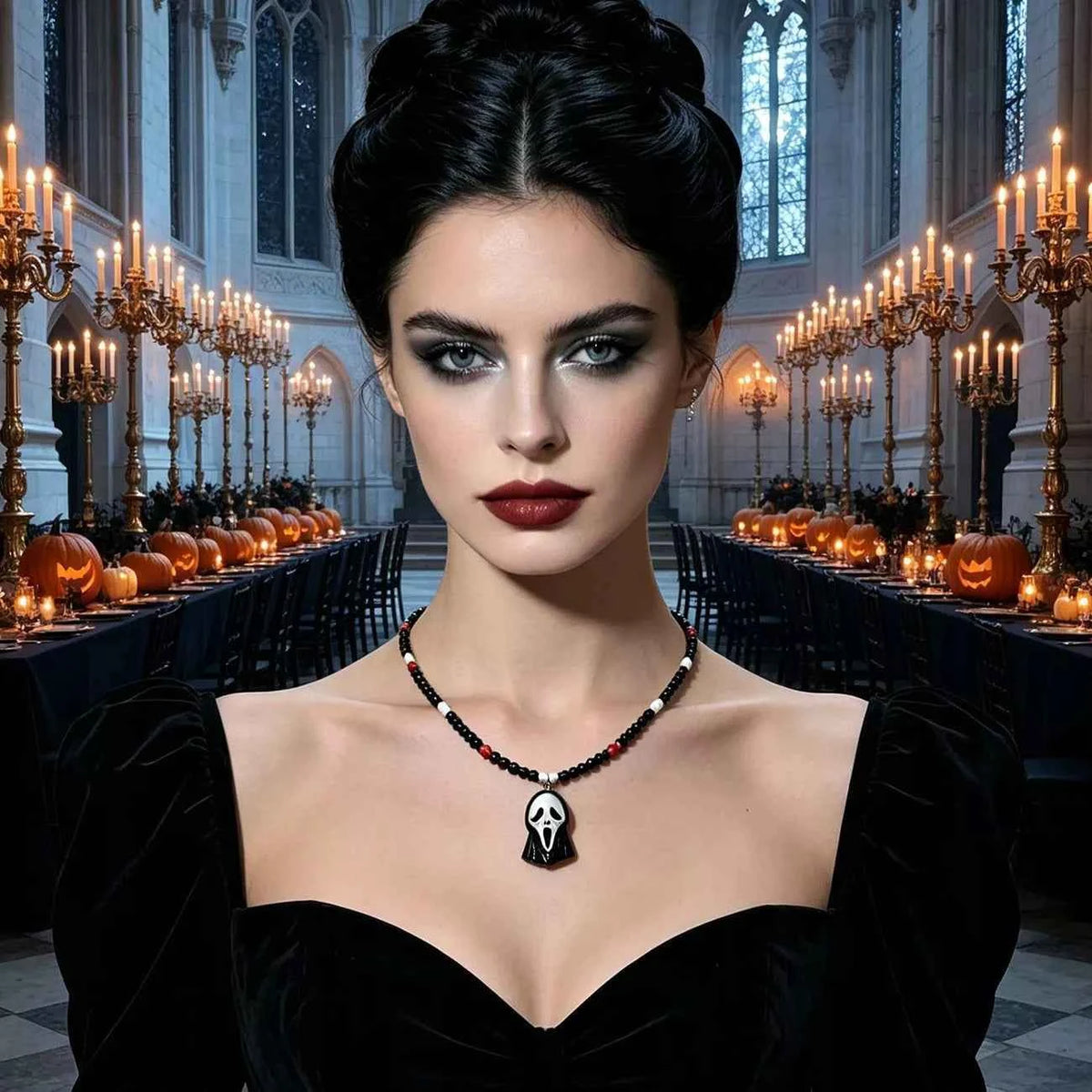 Black Scream Mask Beaded Necklace - Gothic Pendant