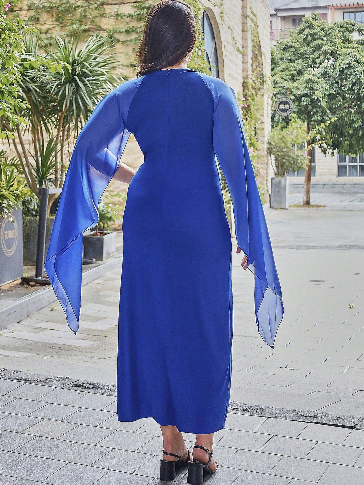 Blue back view midi dress with cape sleeves and front slit