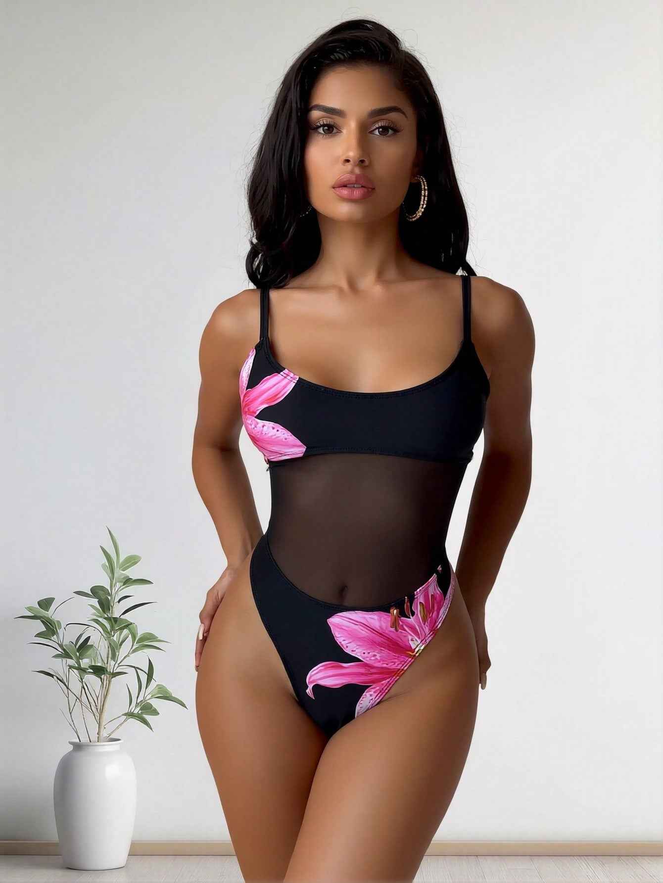 2026 New Sexy Mesh Cutout Swimsuit With Pink Lily Floral Print